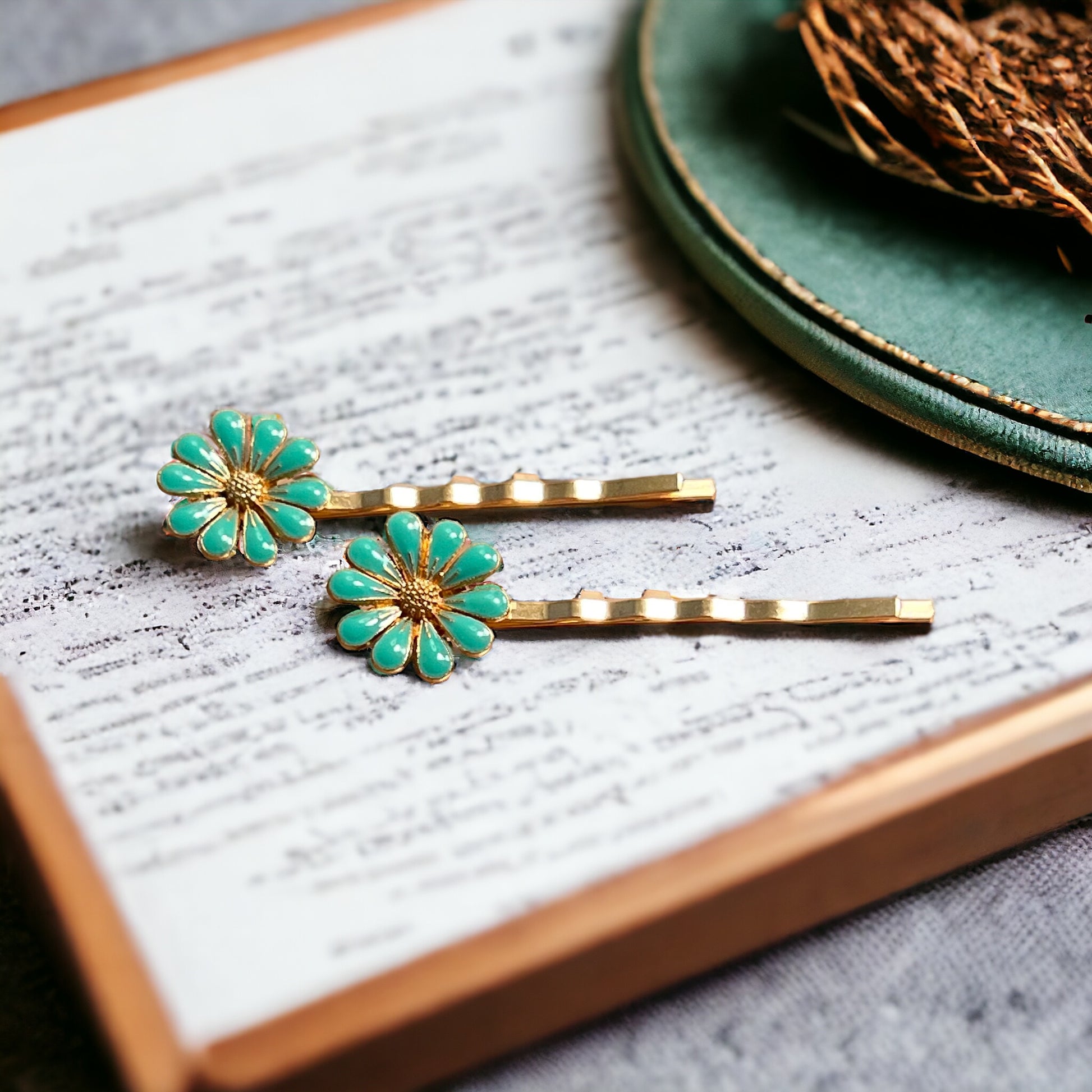 Mint Green Wildflower Hair Pins – Set of 2 Cottagecore Accessories