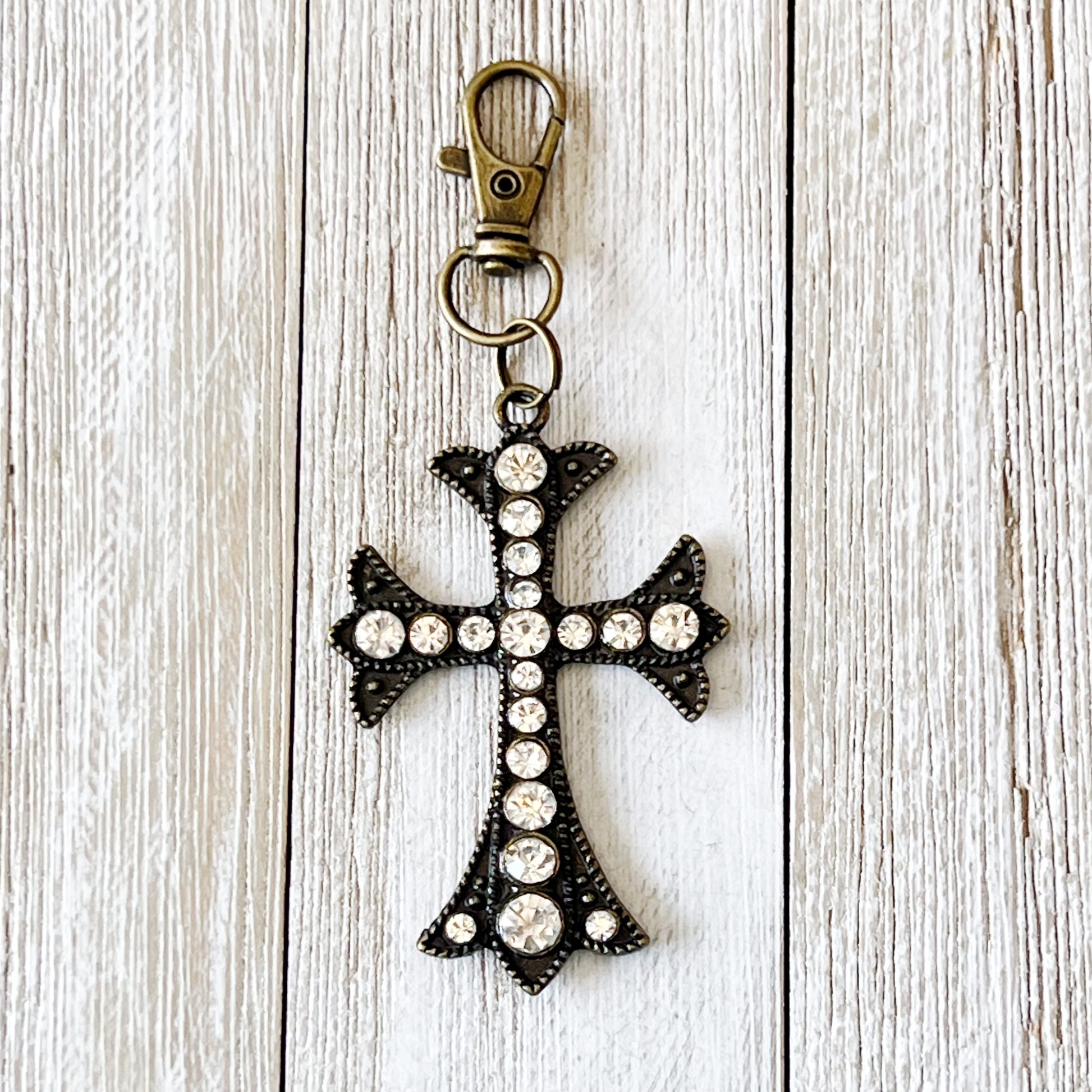 Rhinestone Cross Purse Charm – Vintage Bronze Crystal Keychain