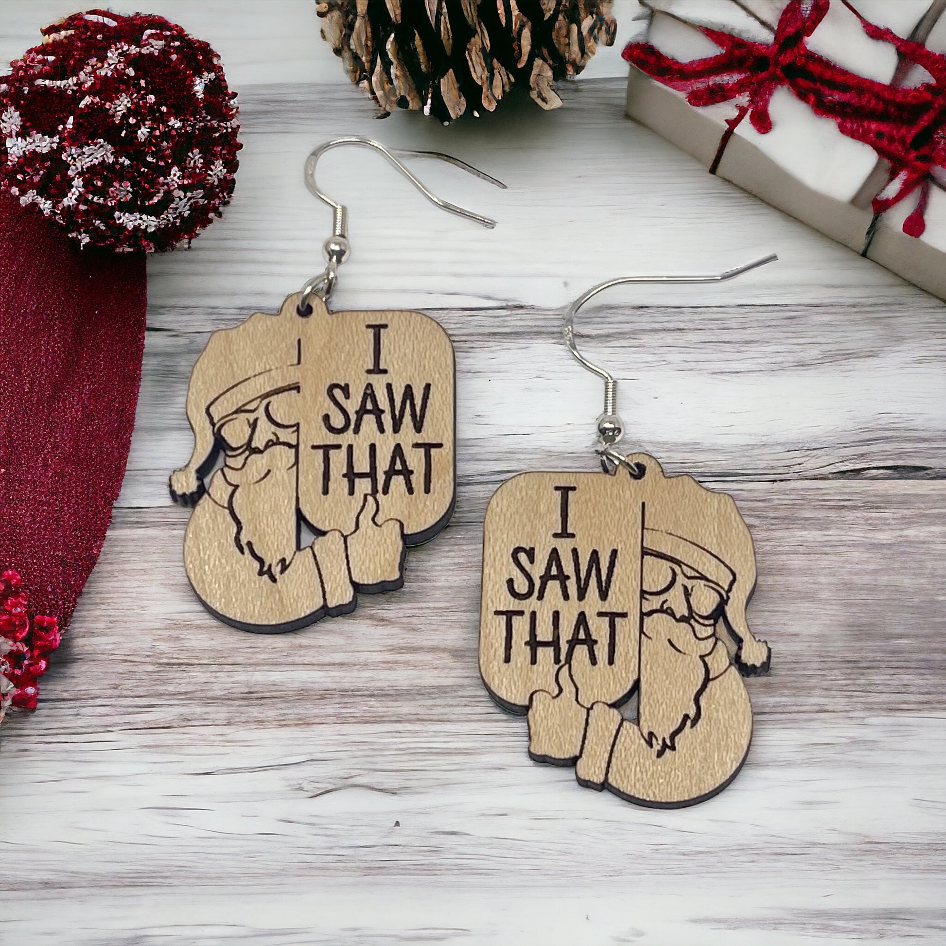 “I Saw That” Santa Earrings – Funny Etched Wood Christmas Jewelry