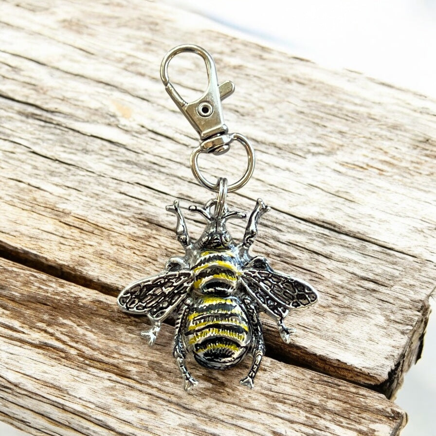 Hand Painted Silver Bee Purse Charm – Nature-Inspired Keychain