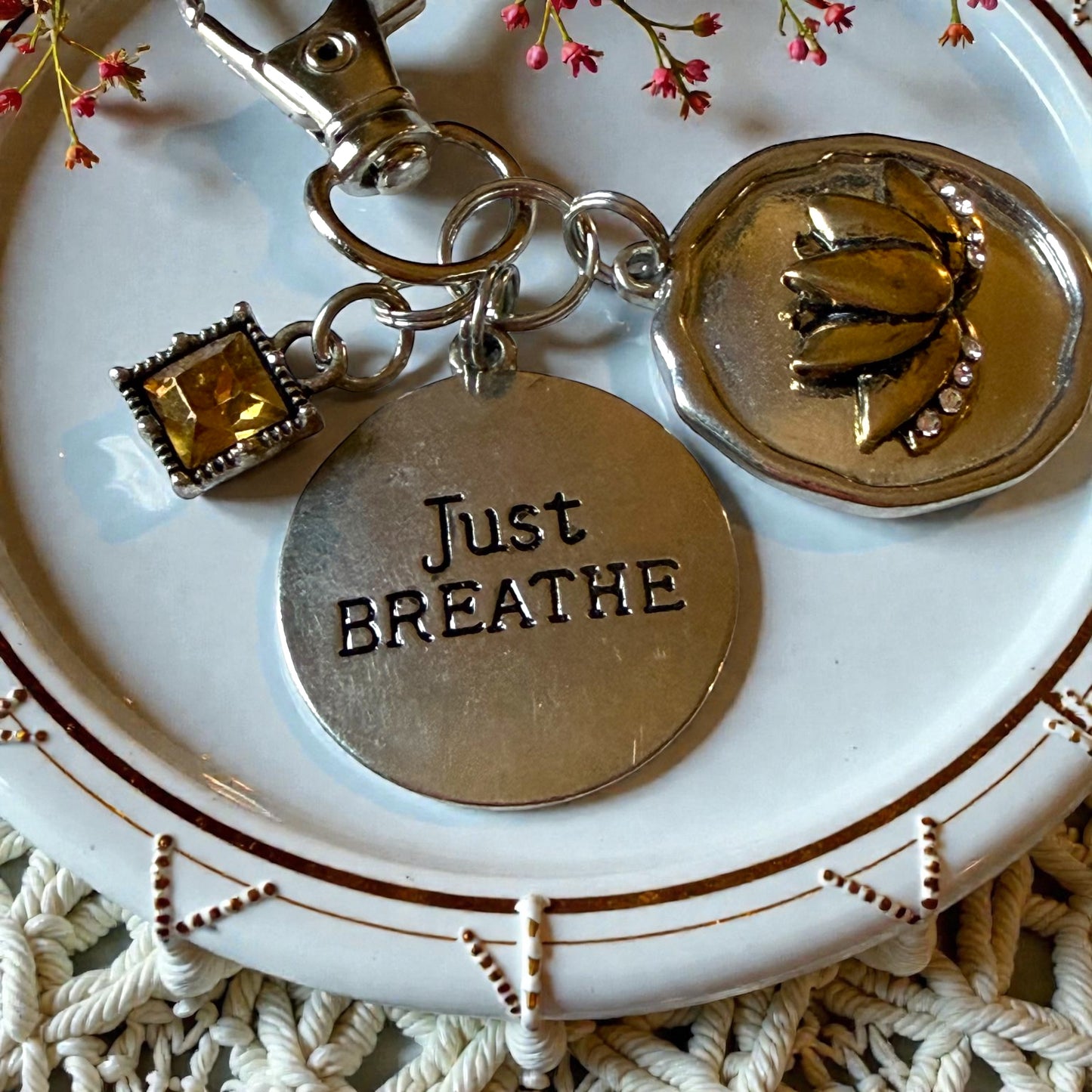 Just Breathe Lotus Purse Charm – Silver Bag Clip Keychain