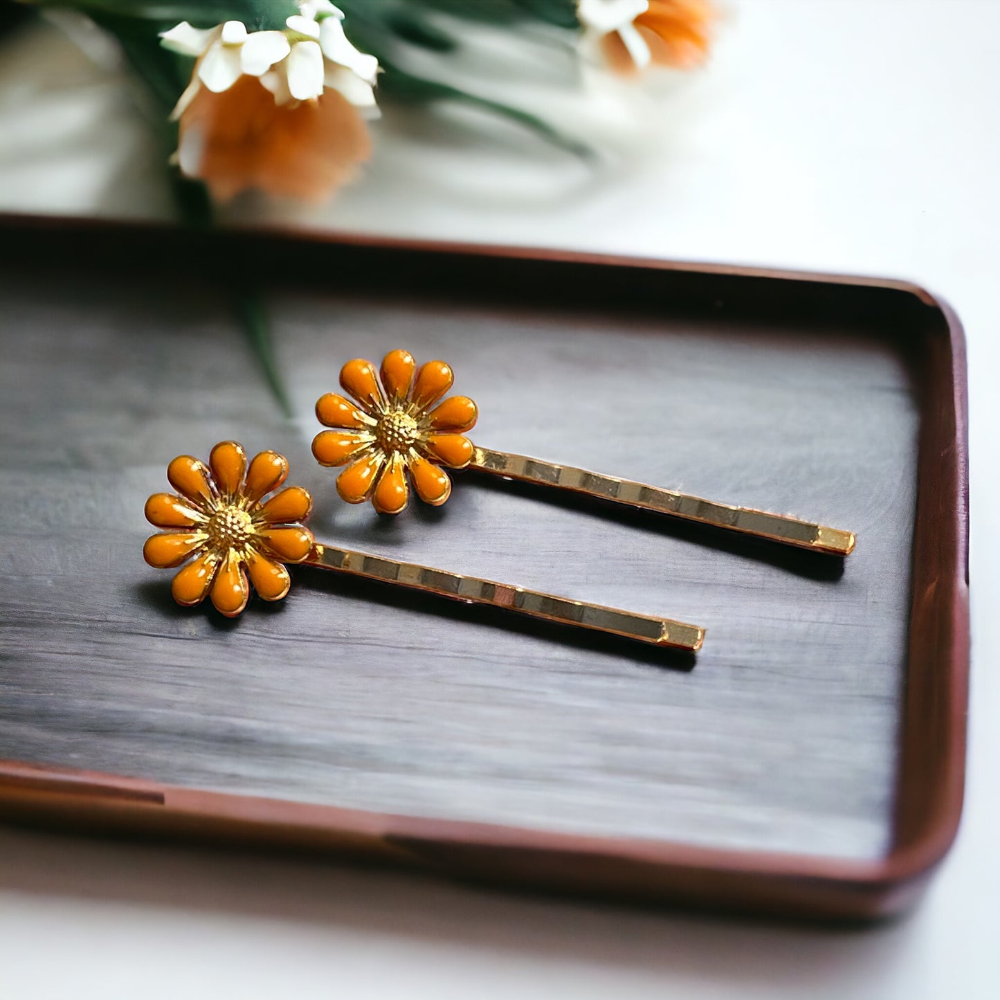 Decorative Orange Enamel Wildflower Hair Pins - Delicate Floral Accessories