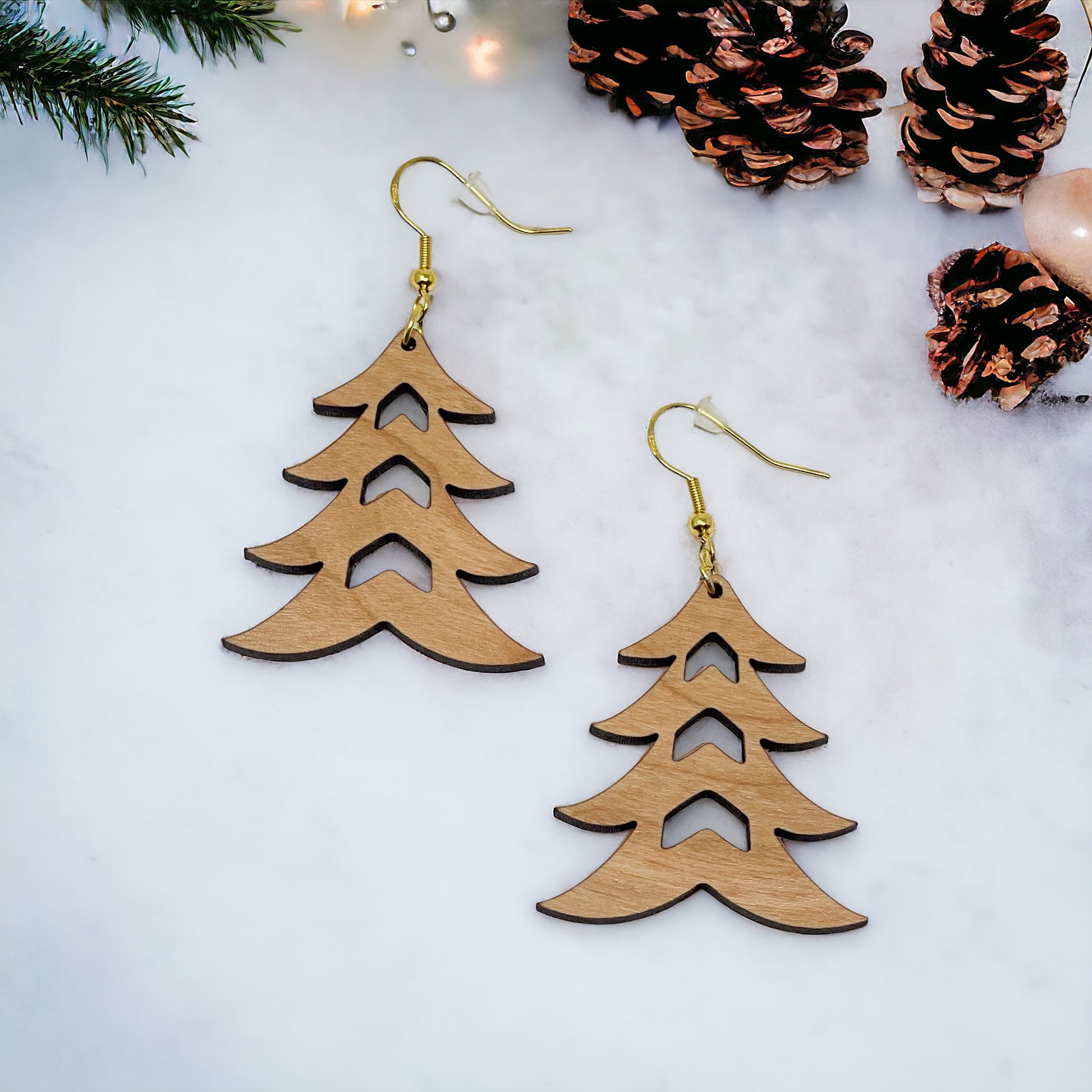 Rustic Tree Cutout Earrings – Wooden Christmas Tree Dangle Earrings