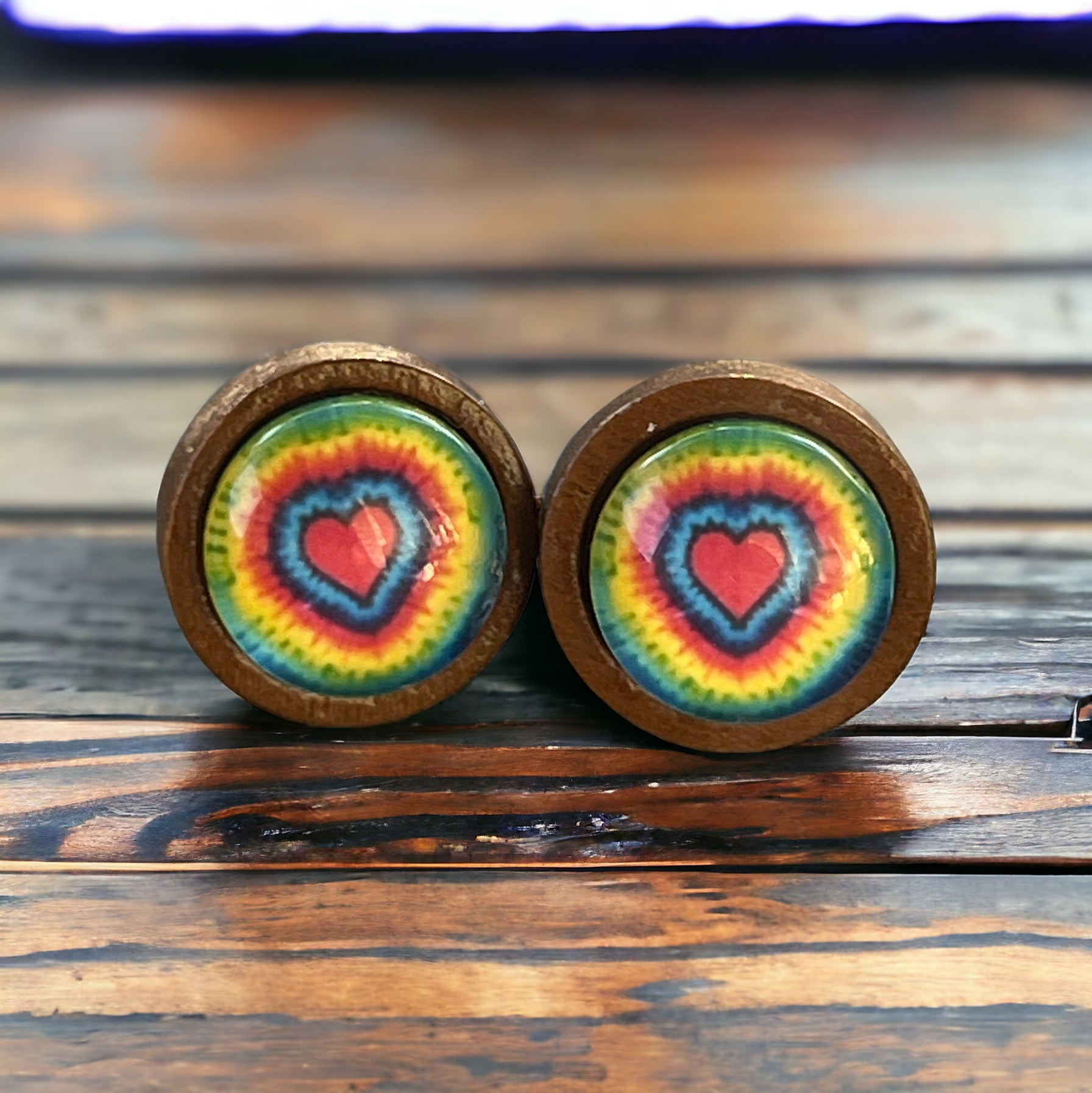 Rainbow Tie-Dye Heart Stud Earrings – Retro Wooden Jewelry
