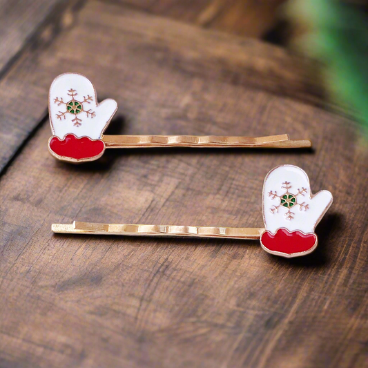 Winter Mittens Enamel Hair Pins - Whimsical Christmas Bobby Pins