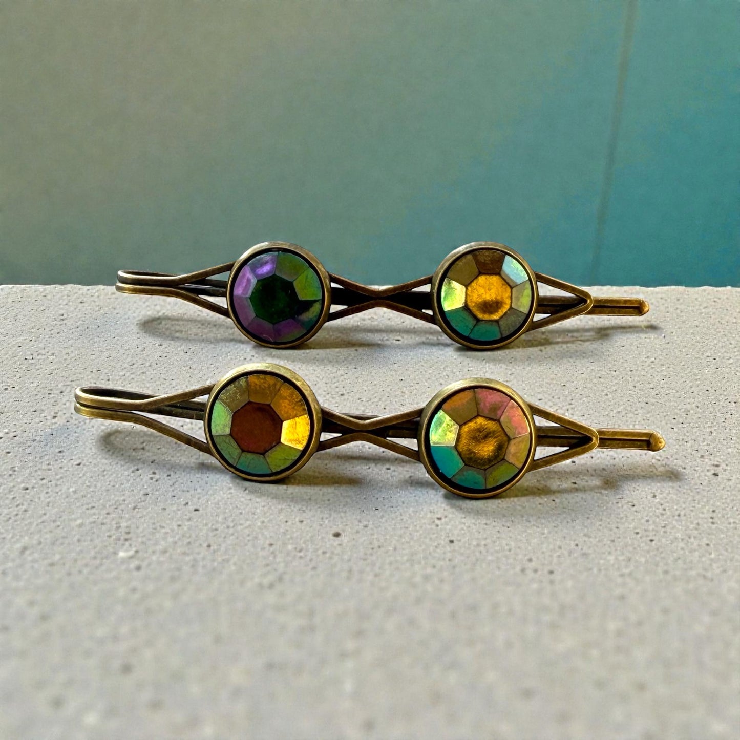 Rainbow Iridescent Bronze Hair Pins – Gem Bobby Pin Set for Women