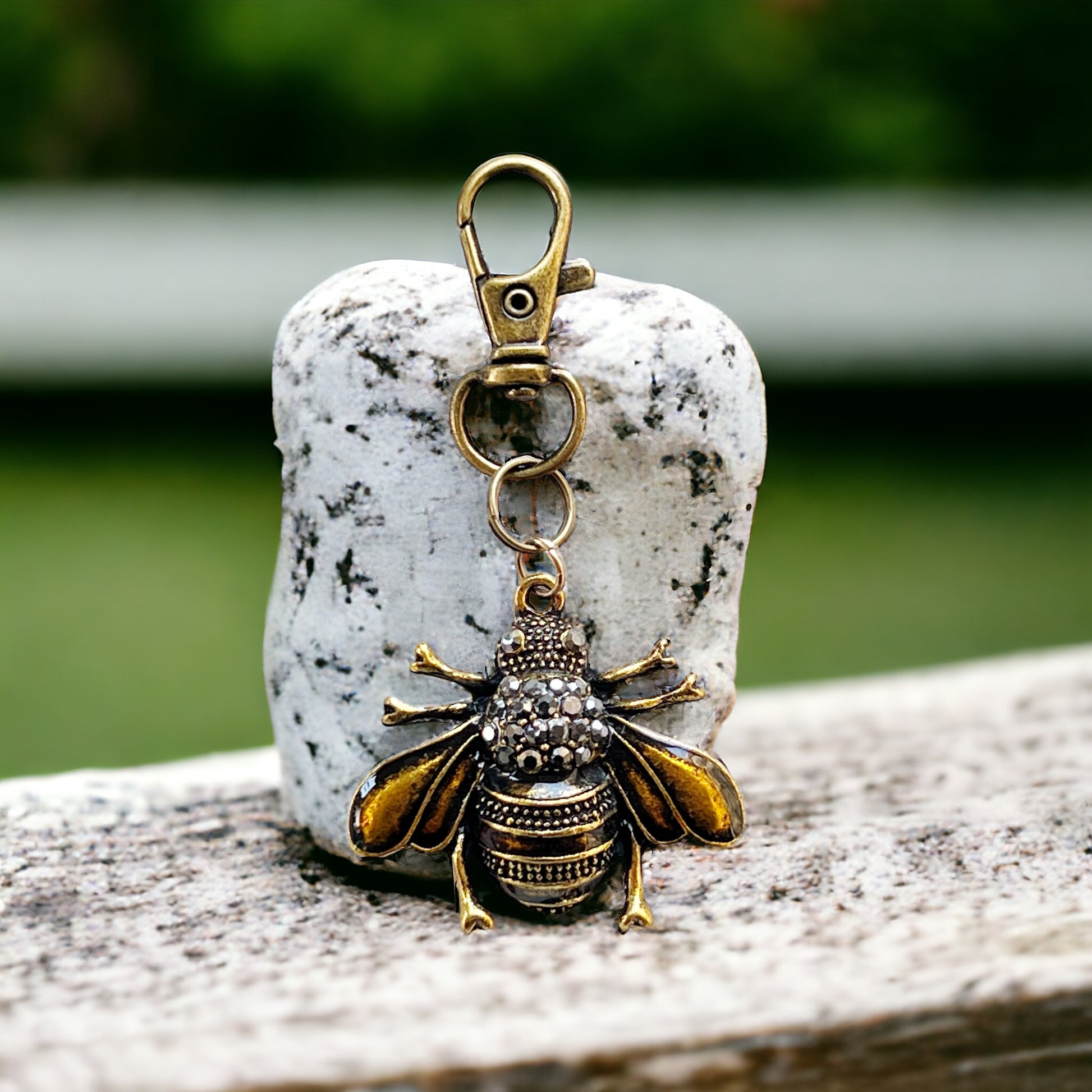 Gothic Bee Zipper Pull Keychain Purse Charm - Rhinestone Embellished Accessory
