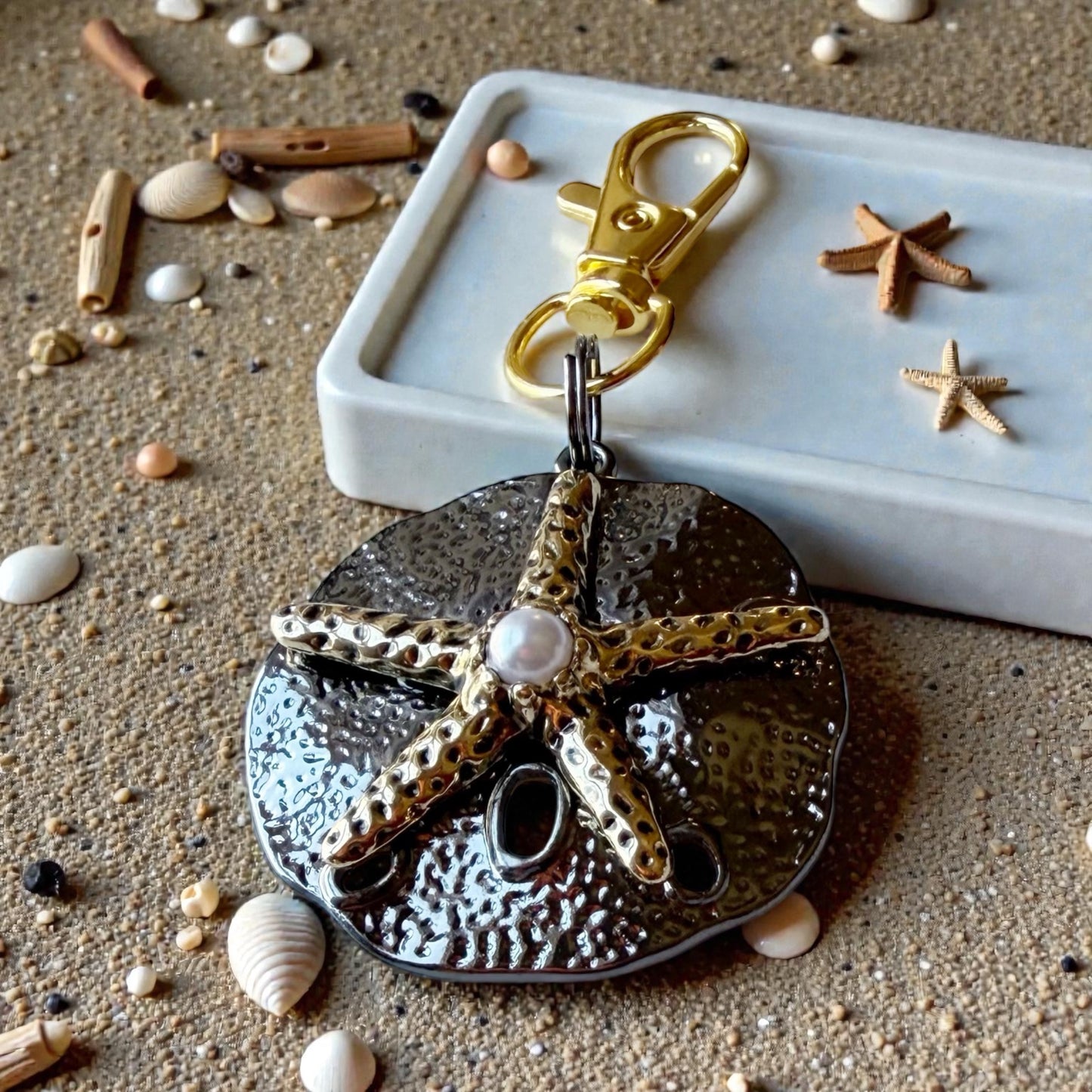 Sand Dollar Starfish Purse Charm – Coastal Boho Bag Accessory