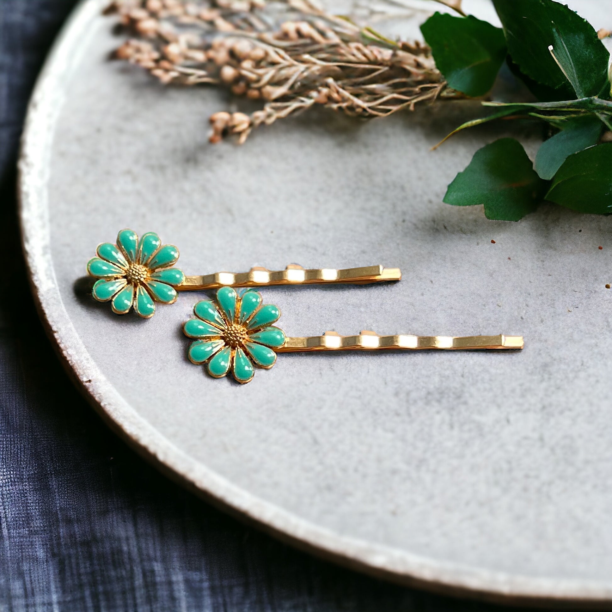 Mint Green Wildflower Hair Pins – Set of 2 Cottagecore Accessories