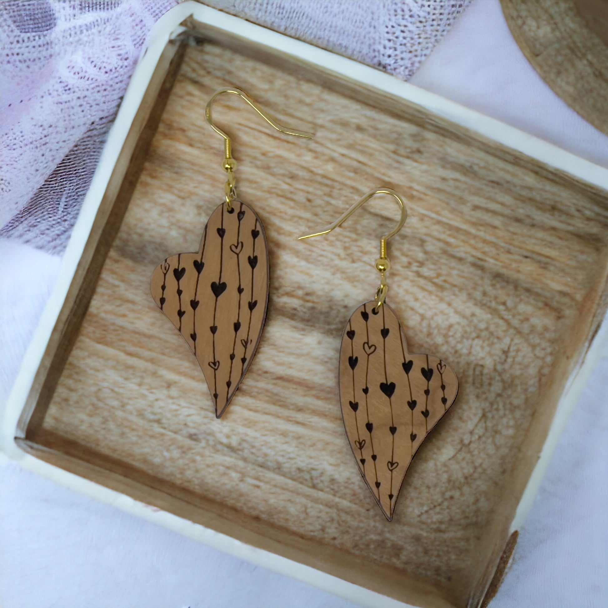 Etched Heart Drop Earrings – Asymmetrical Wooden Love Jewelry with Gold Hooks