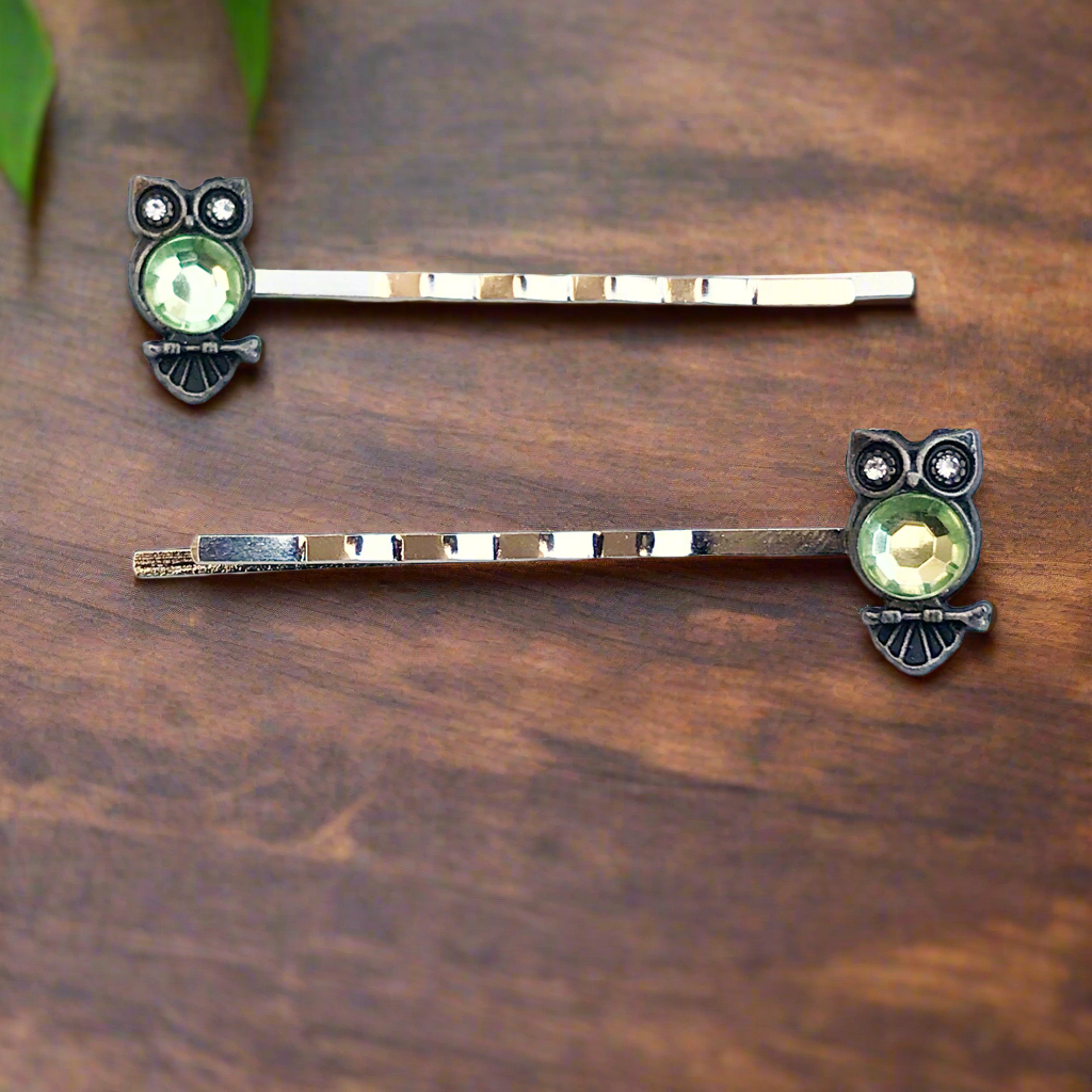 Light Green Rhinestone Owl Bobby Pins - Boho Elements