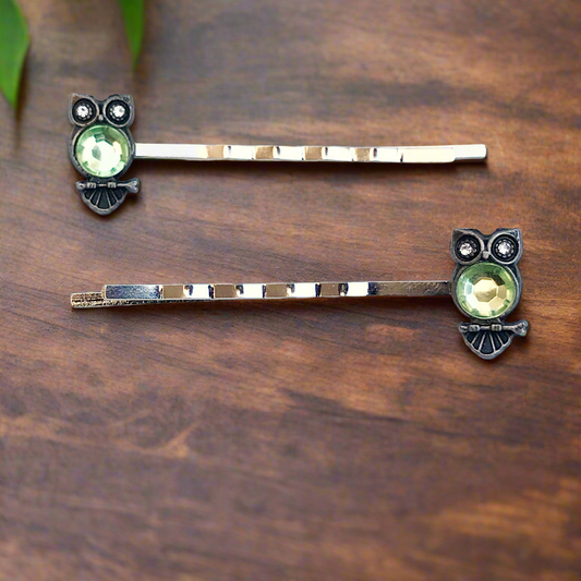 Light Green Rhinestone Owl Bobby Pins - Boho Elements