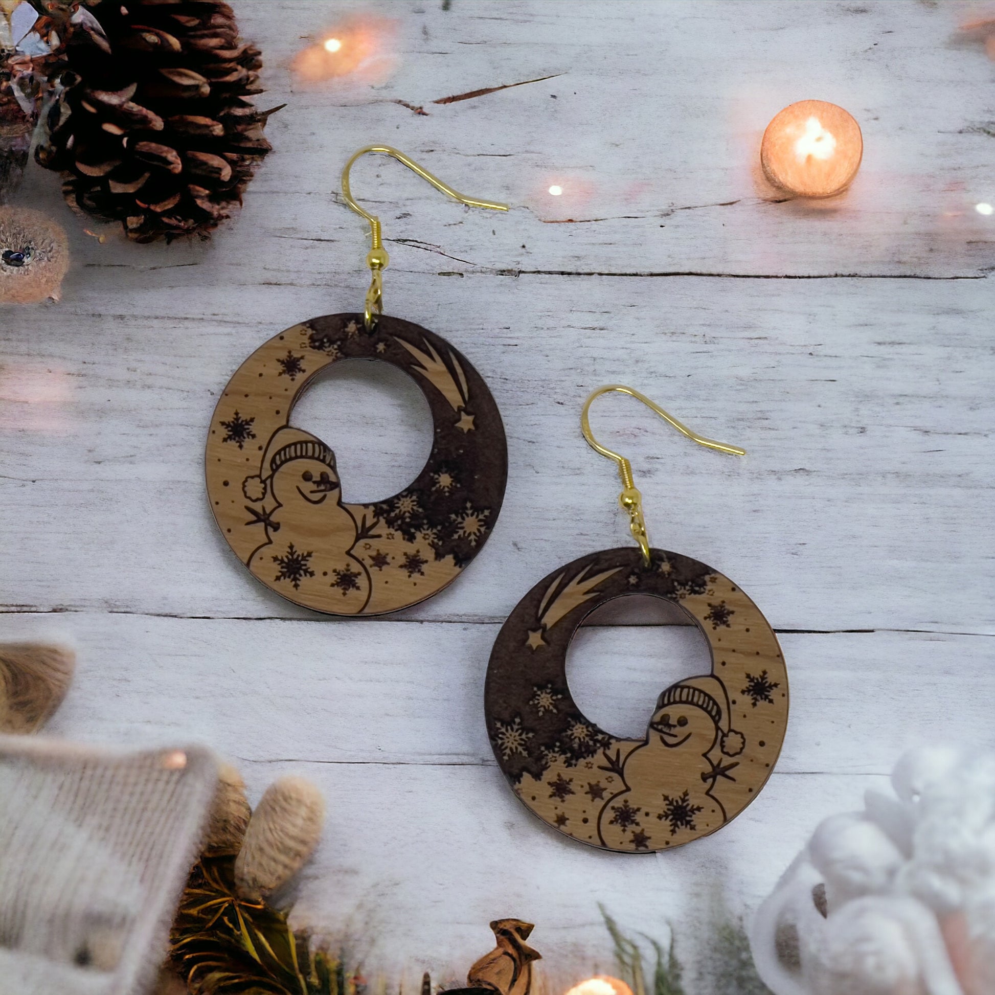 Snowman Moon Wood Earrings – Handmade Winter Holiday Jewelry