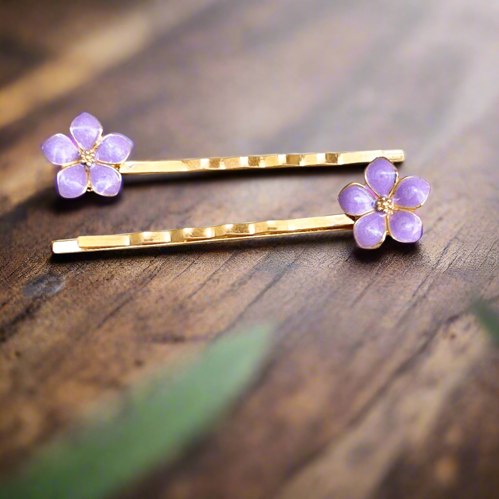 Purple Floral Hair Pin Set of 2 - Boho Flower Bobby Pins