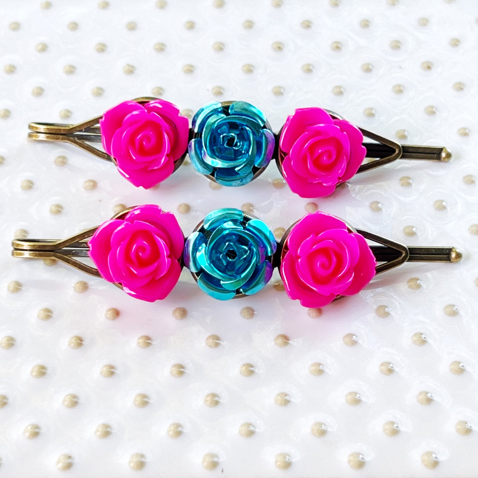 Hot Pink & Teal Rose Hair Pins – Bold Floral Hair Clips with Metallic Accent