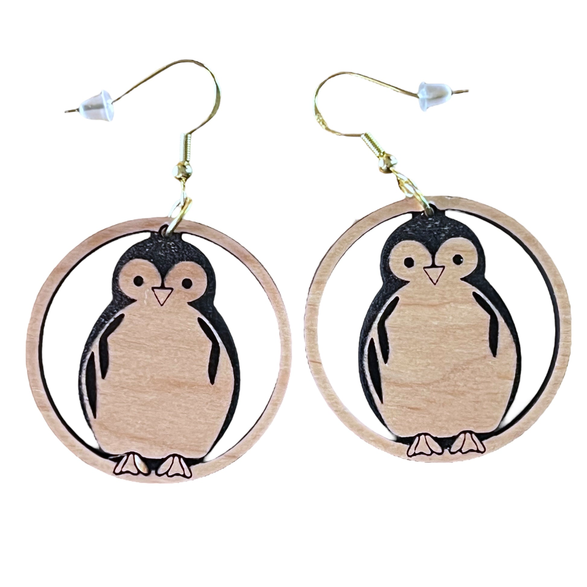 Penguin Circle Drop Earrings – Cute Wooden Winter Animal Jewelry