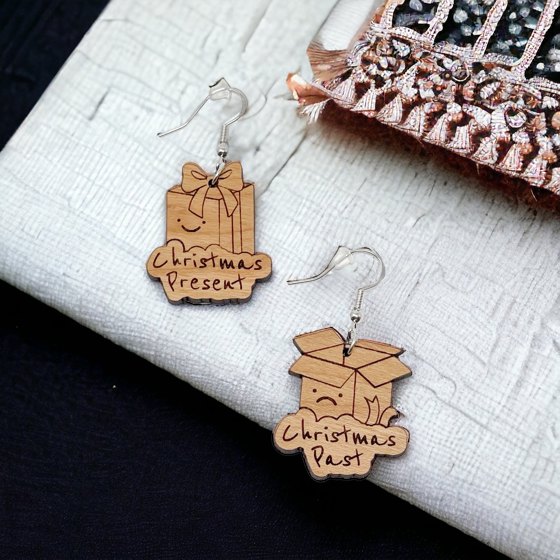 Christmas Present & Past Earrings – Funny Holiday Gift Box Jewelry