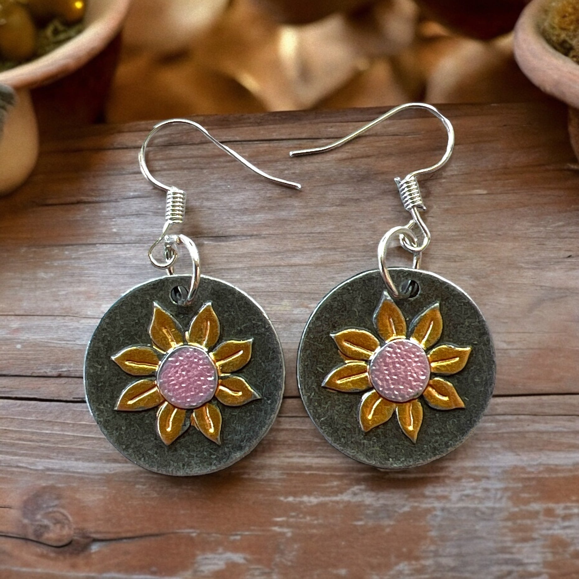 Round Silver Earrings with Sunflowers: Nature-Inspired Accessories