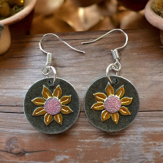 Round Silver Earrings with Sunflowers: Nature-Inspired Accessories