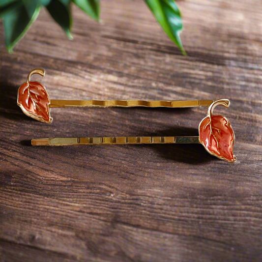 Pink Enamel Leaf Hair Pins – Autumn-Inspired Gold Hair Accessories