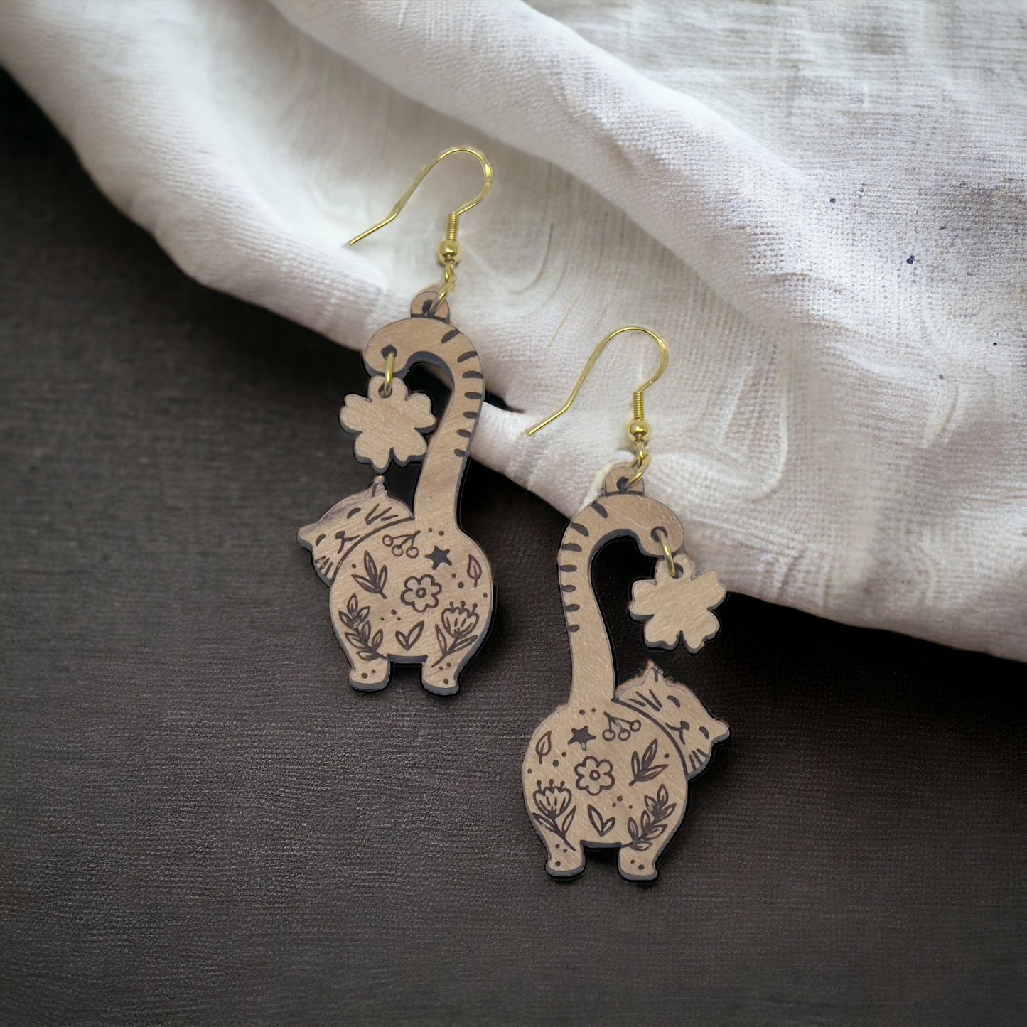 Cat Earrings, Wood Dangle Flower Earrings, Cute Feline Spring Gifts for Cat Lover Girlfriend, Adorable Animal Jewelry, Womens Earring Sets