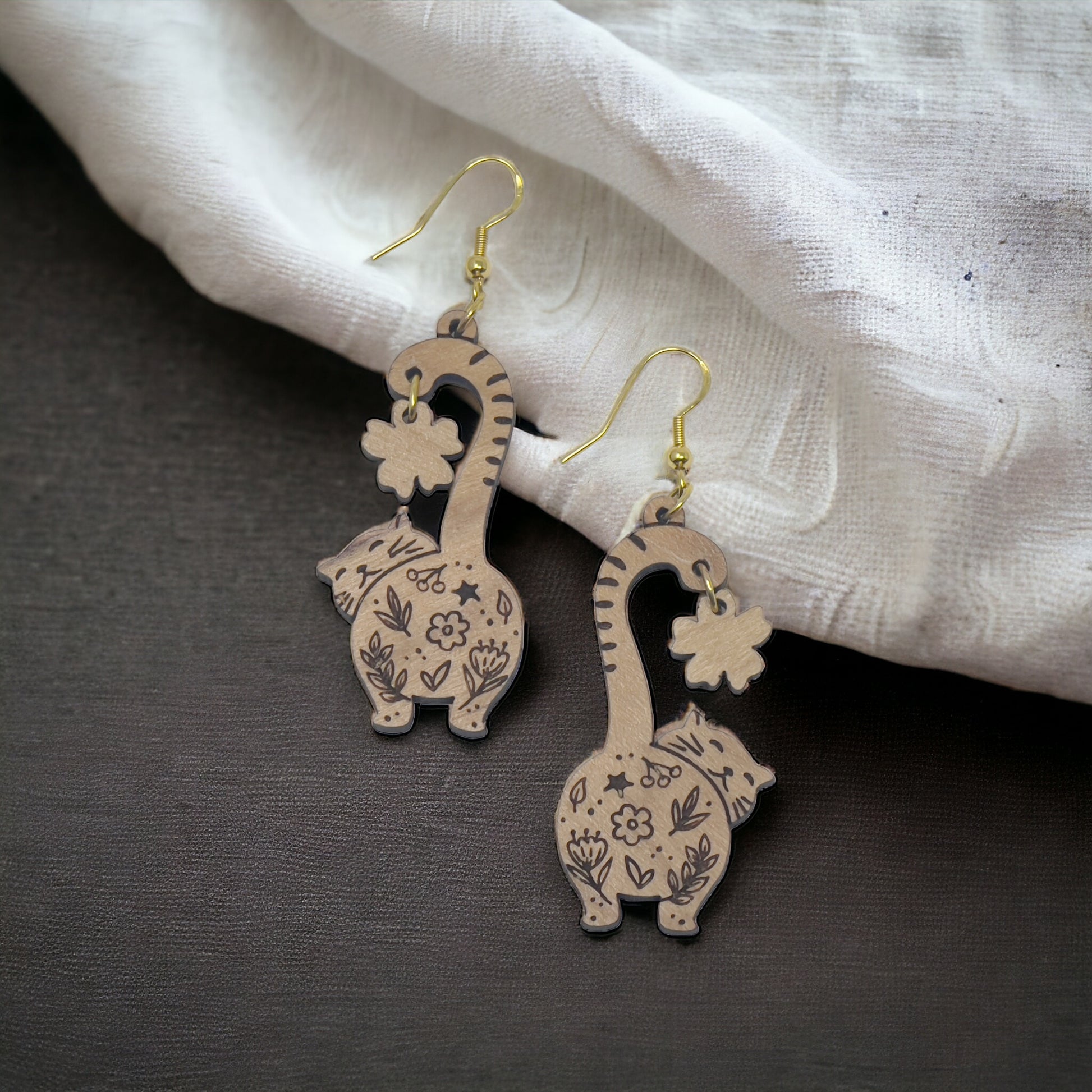 Cat Earrings, Wood Dangle Flower Earrings, Cute Feline Spring Gifts for Cat Lover Girlfriend, Adorable Animal Jewelry, Womens Earring Sets