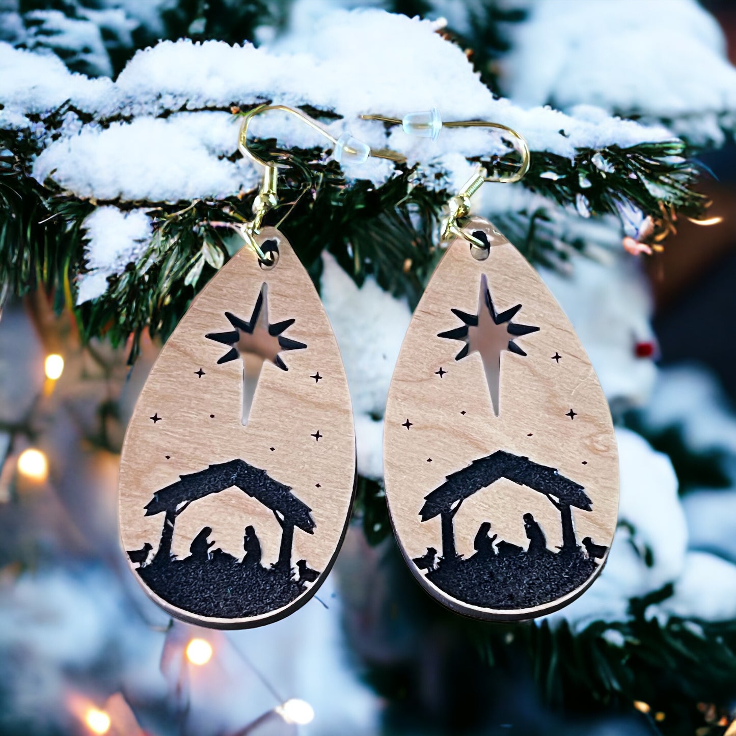 Nativity Earrings, Christmas Jesus Dangle Earrings, Cute Holiday Earrings, Wood Christian Earrings, Country Xmas Jewelry, Rustic Nature Gift