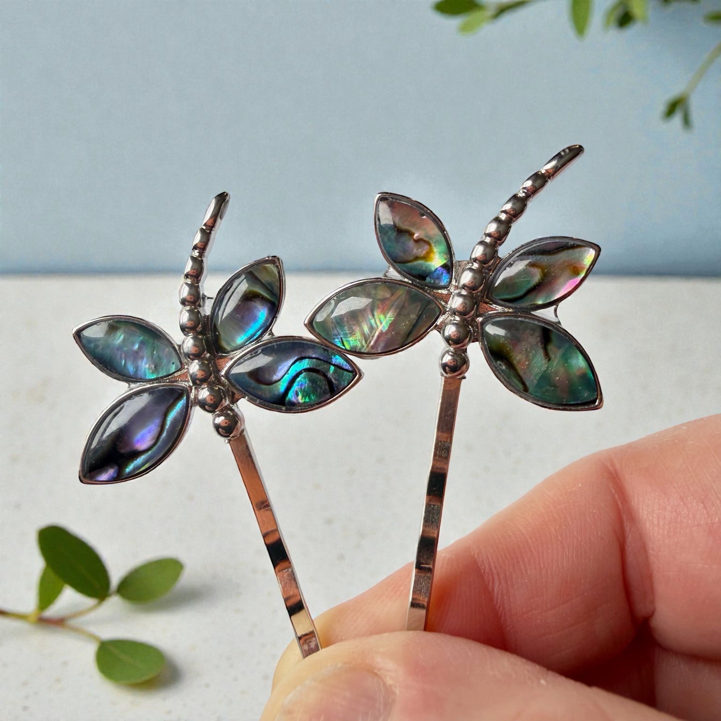 Abalone & Silver Dragonfly Hair Pin Set – Natural Shell Bobby Pins for Women