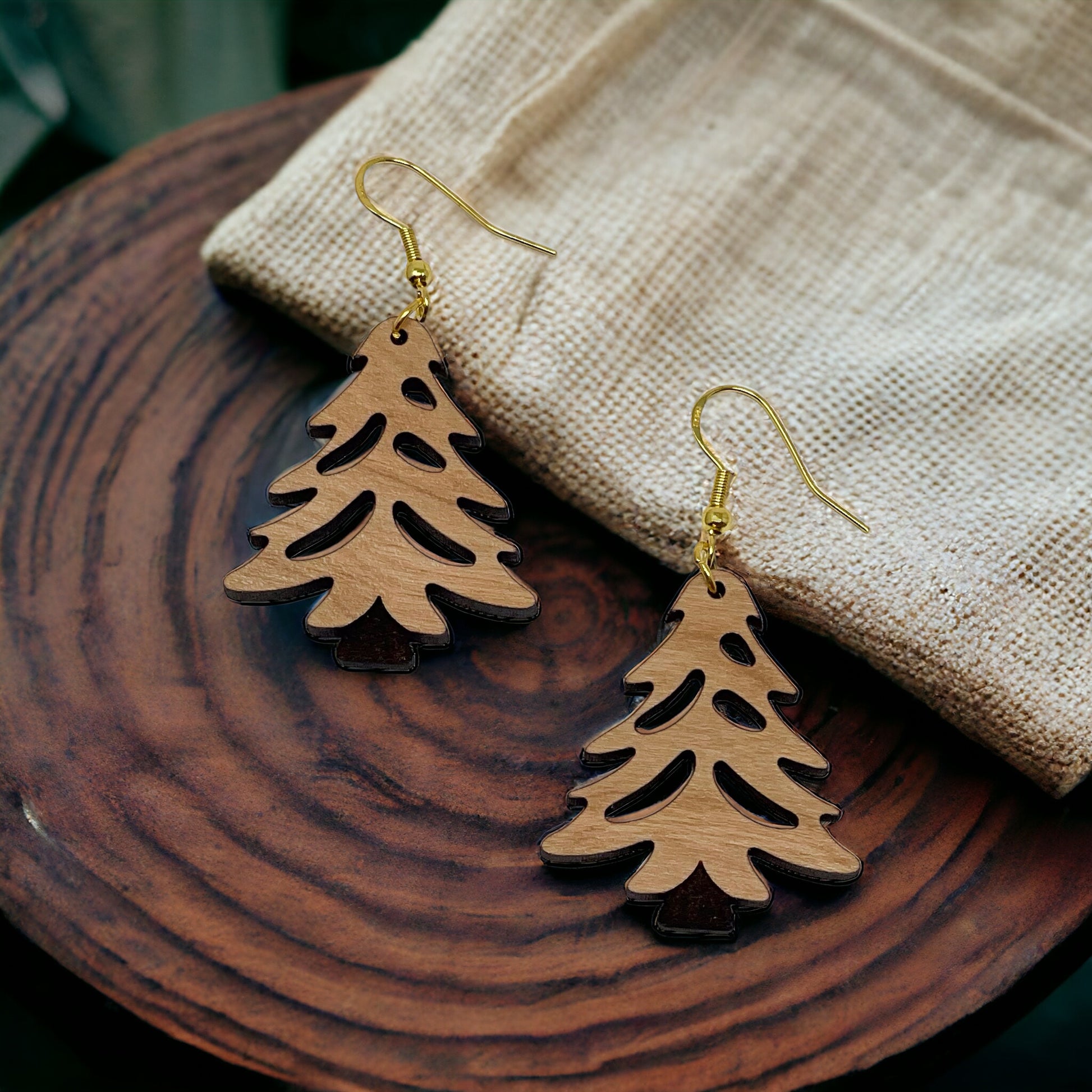 Rustic Tree Cutout Earrings – Wooden Christmas Tree Dangle Earrings