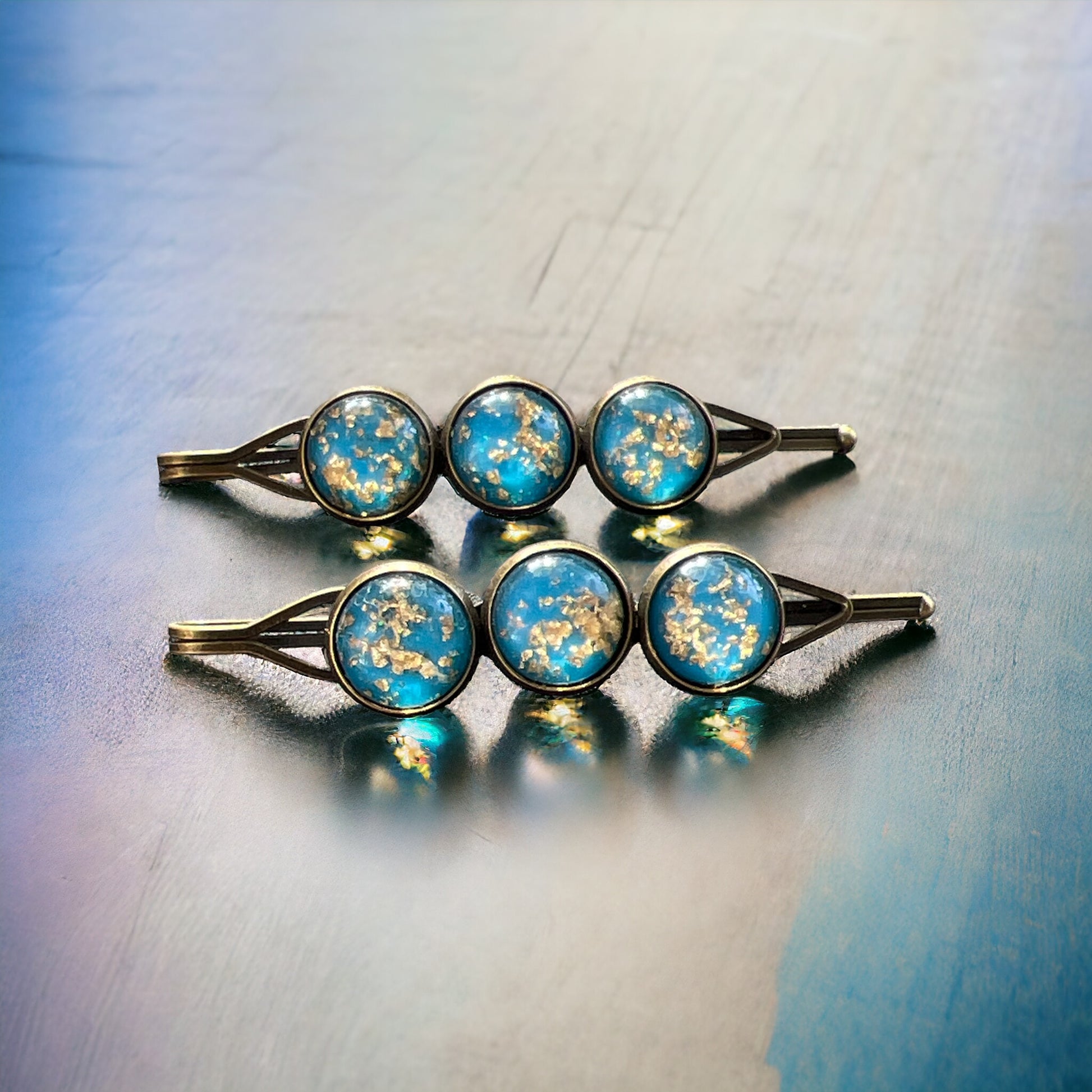 Sky Blue & Gold Foil Hair Pins – Set of 2 Celestial Hair Accessories