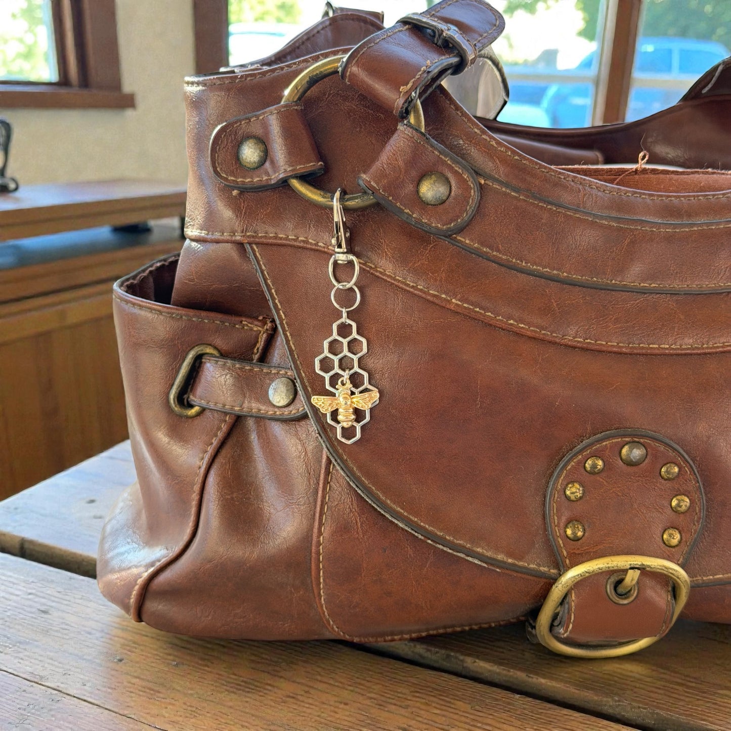 Bee & Honeycomb Purse Charm – Gold & Silver Bee Keychain for Women