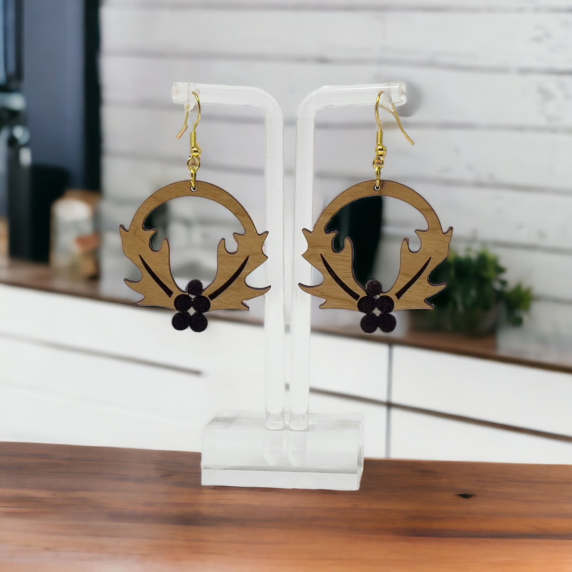 Wooden Holly Wreath Earrings – Holiday Leaf & Berry Laser Cut Jewelry