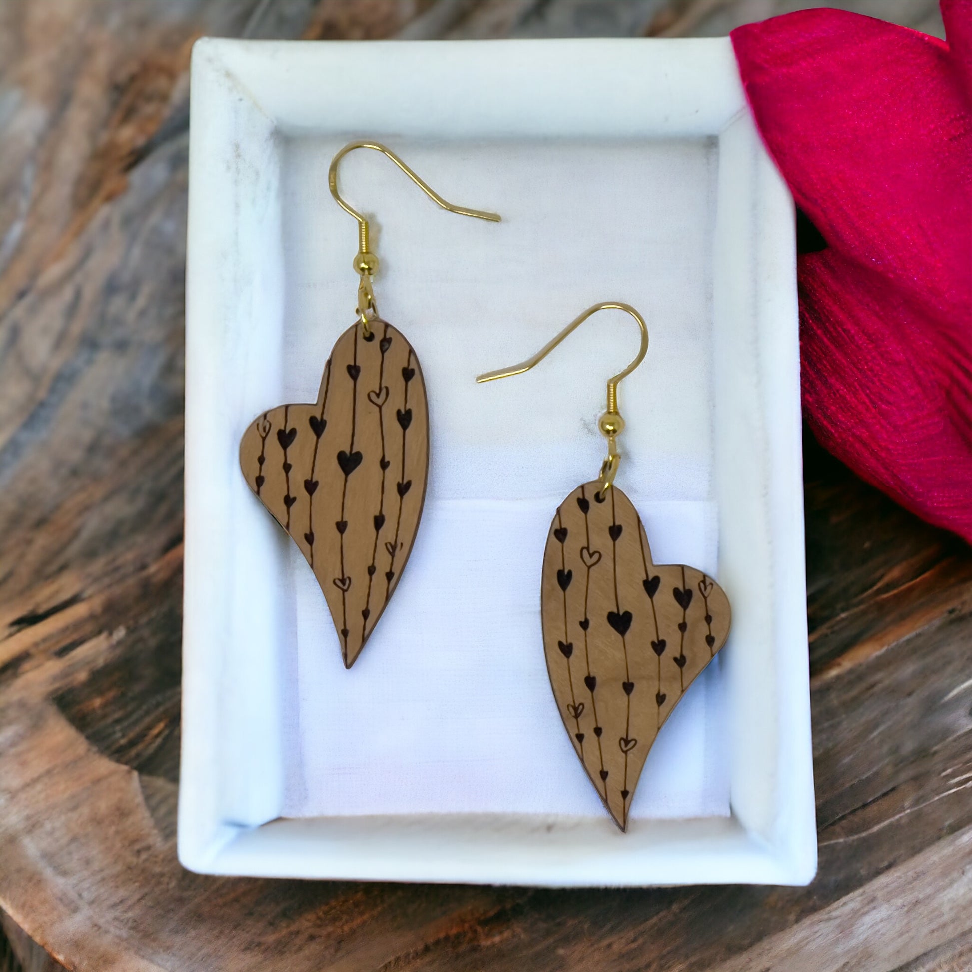 Etched Heart Drop Earrings – Asymmetrical Wooden Love Jewelry with Gold Hooks
