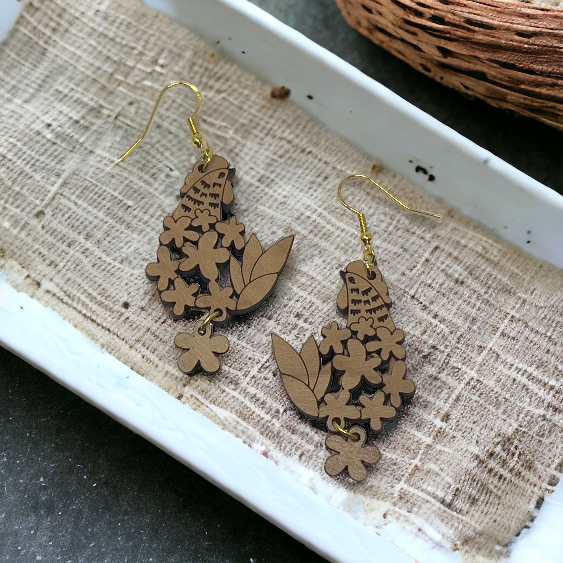 Floral Chicken Wood Earrings – Boho Farmhouse Nature Jewelry