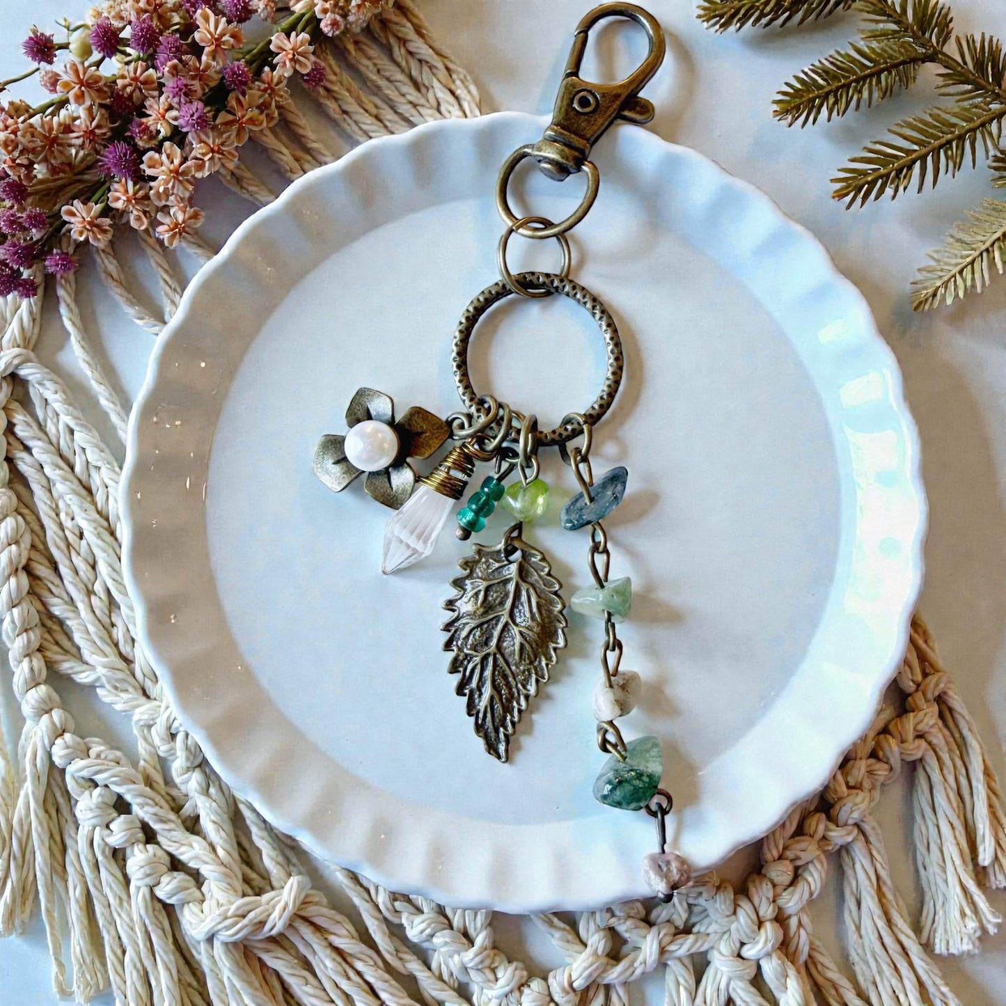 Earthy Leaf Gemstone Purse Charm – Boho Nature Keychain for Her