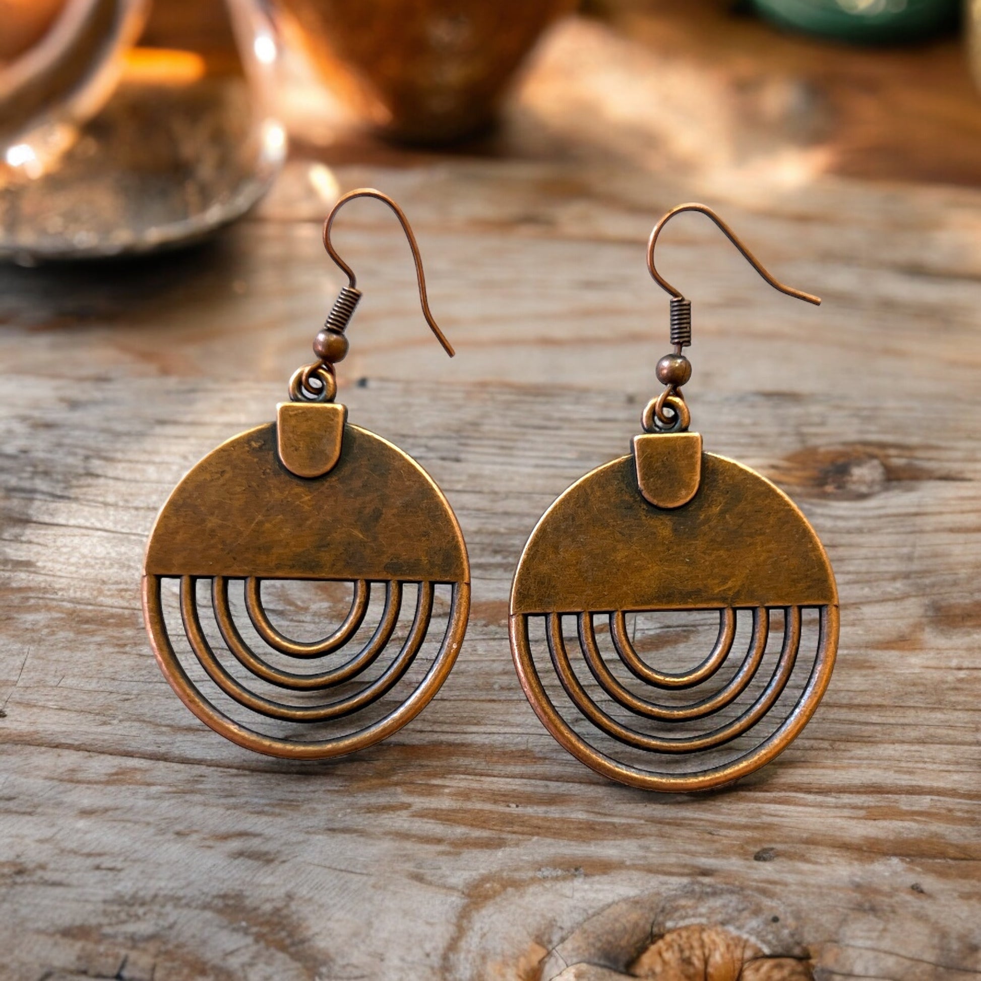 Geometric Copper Dangle Earrings – Boho Chic Round Design