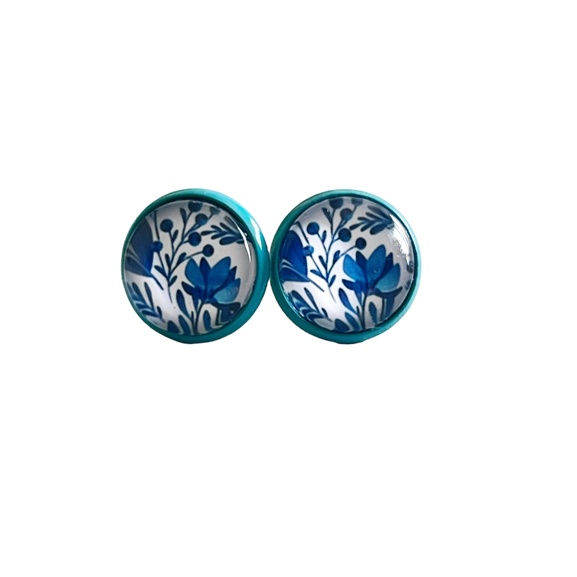 Blue Floral Stud Earrings – Round Botanical Jewelry in Teal Bezel