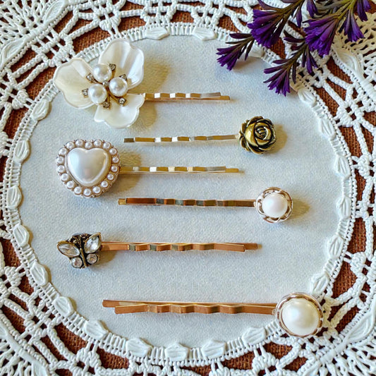 Pearl Flower & Heart Rose Gold Hair Pins with Butterfly