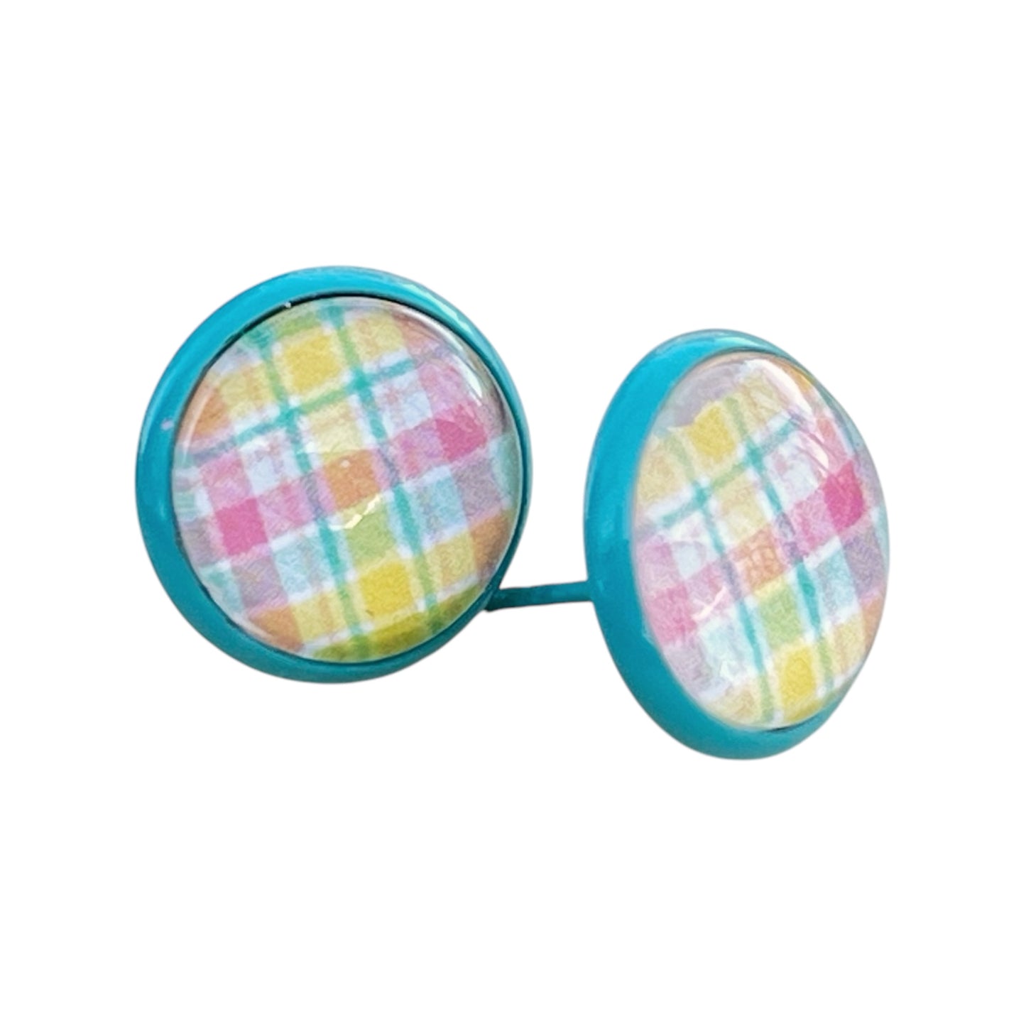Handmade Pastel Plaid Stud Earrings – 12mm Teal Metal Setting – Spring & Easter Jewelry