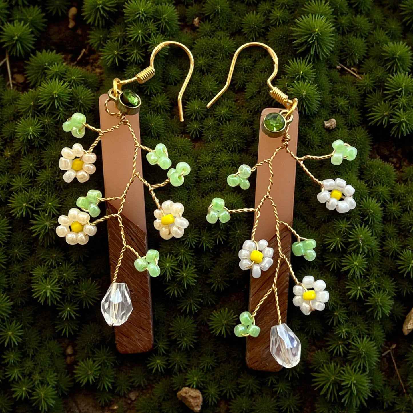 Daisy Vine Wood & Blush Bar Earrings – Boho Nature Dangle Jewelry