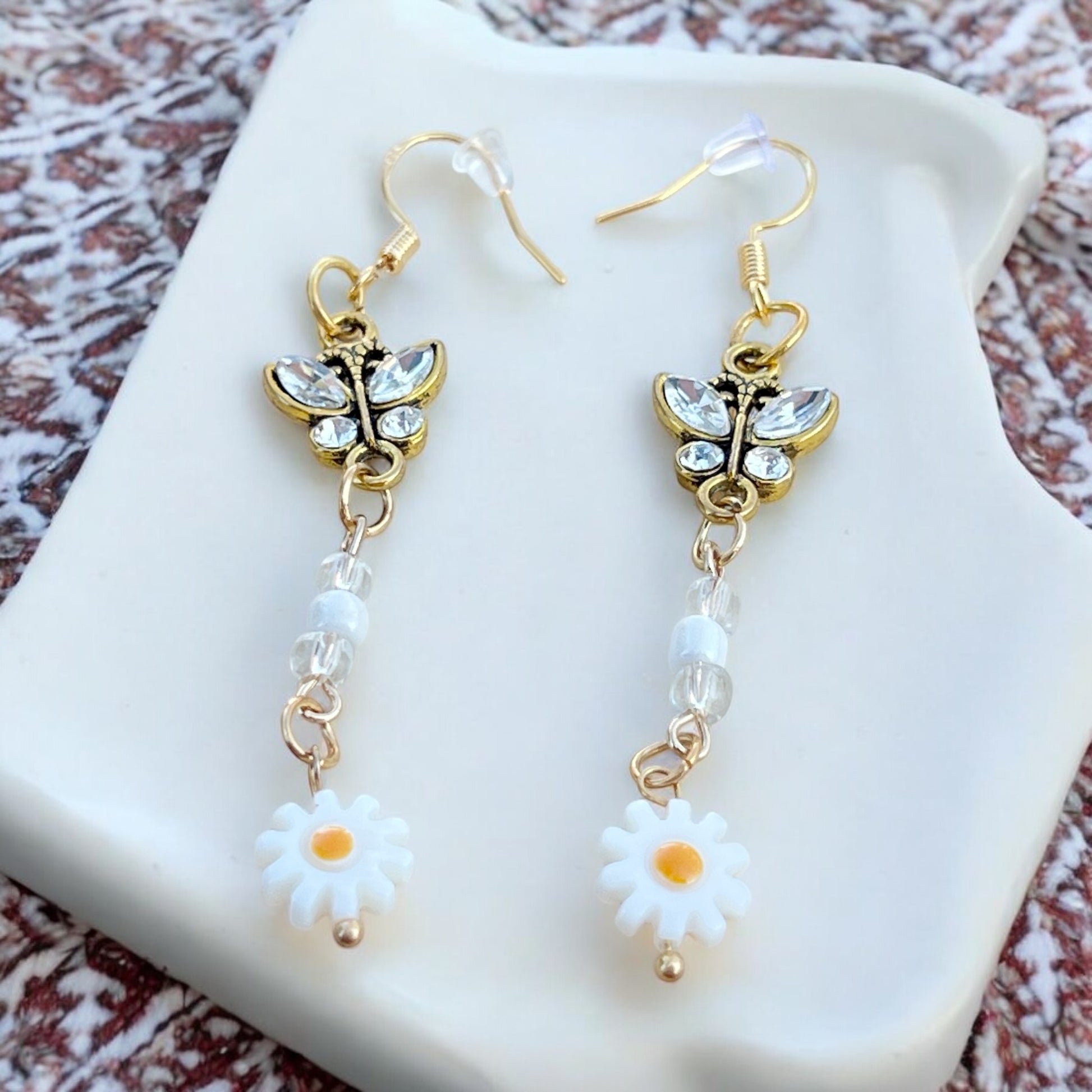 Butterfly & Daisy Earrings – Handmade Gold Floral Dangles