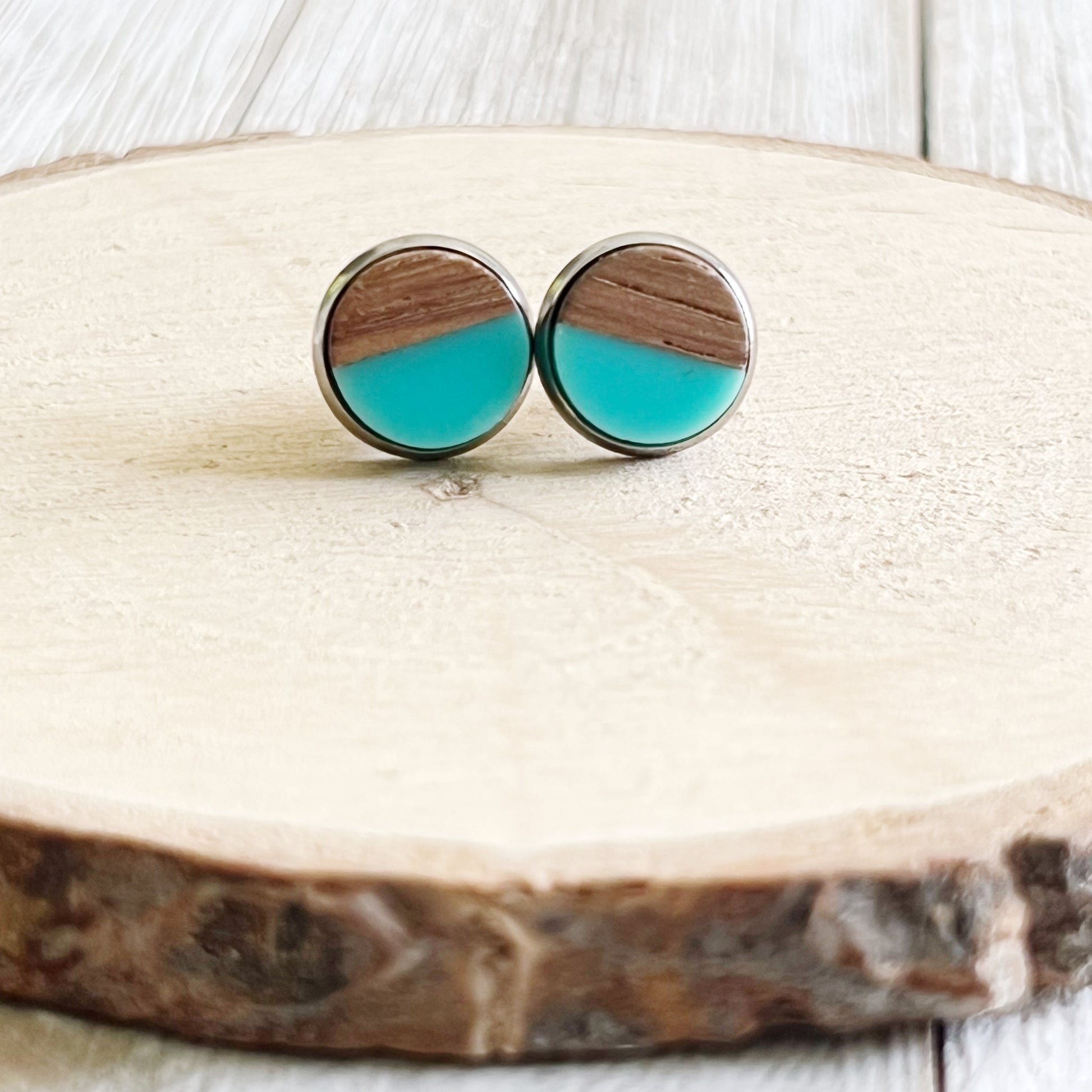 Turquoise & Wood Stud Earrings – Modern Coastal Resin Jewelry in Silver Bezel