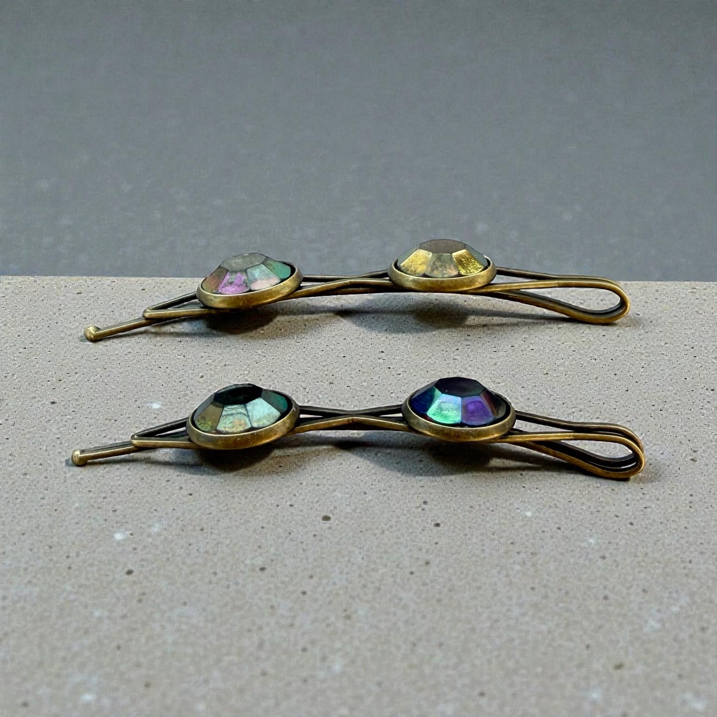 Rainbow Iridescent Bronze Hair Pins – Gem Bobby Pin Set for Women