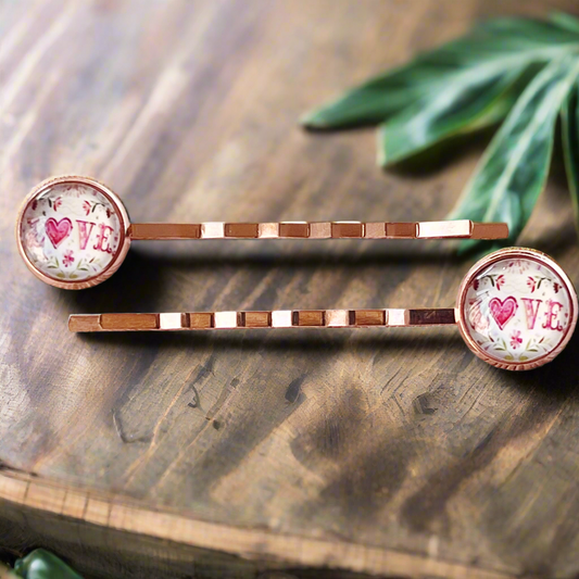 Rose Gold Floral Pink Love Heart Hair Pins