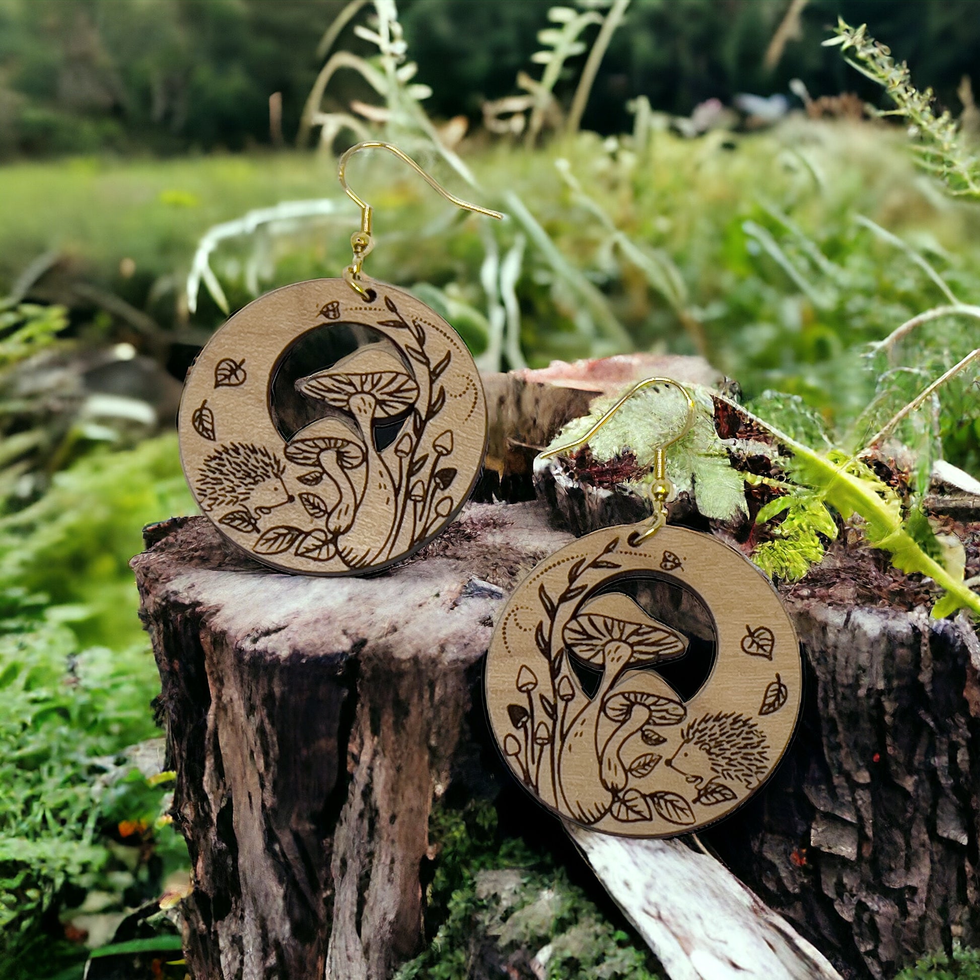 Hedgehog & Mushroom Wood Earrings – Whimsical Forest Jewelry