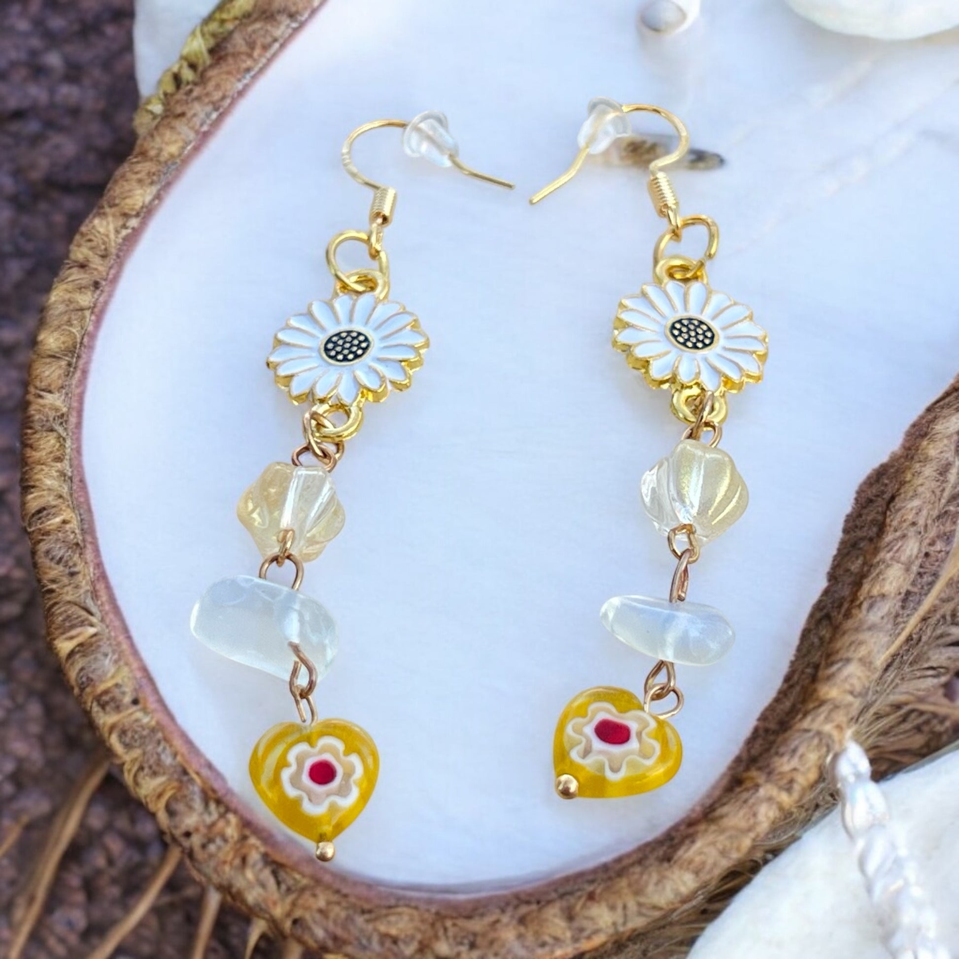 Daisy & Heart Dangle Earrings – Handmade Boho Drop Jewelry