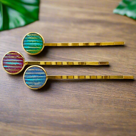 Green, Red, & Blue Striped Glitter Gold Hair Pins Set of 3- Sparkling & Colorful Hair Accessories