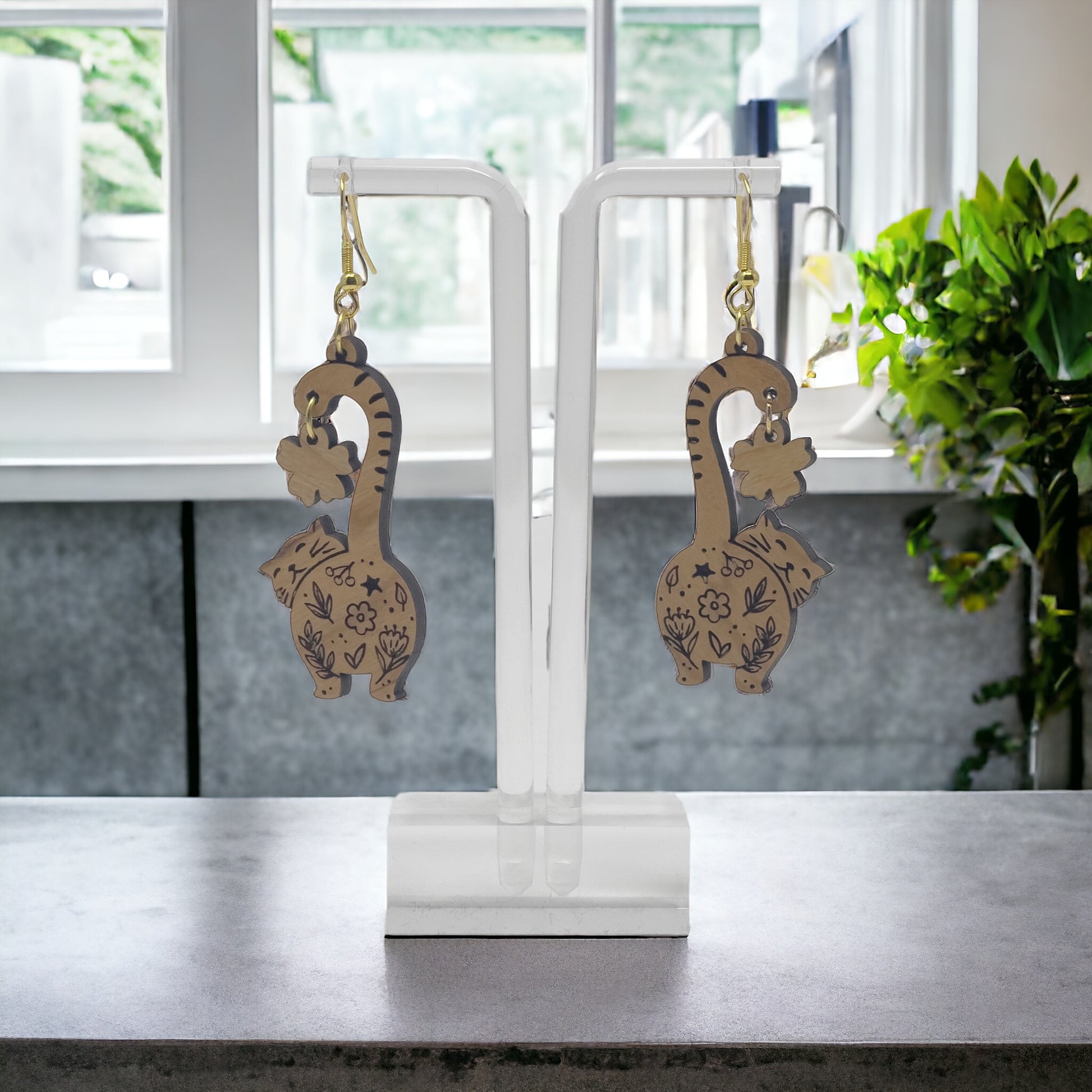 Cat Earrings, Wood Dangle Flower Earrings, Cute Feline Spring Gifts for Cat Lover Girlfriend, Adorable Animal Jewelry, Womens Earring Sets