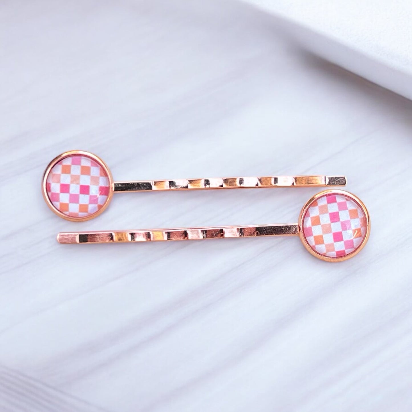 Pink & Orange Gingham Hair Pins – Set of 2 Rose Gold Accessories
