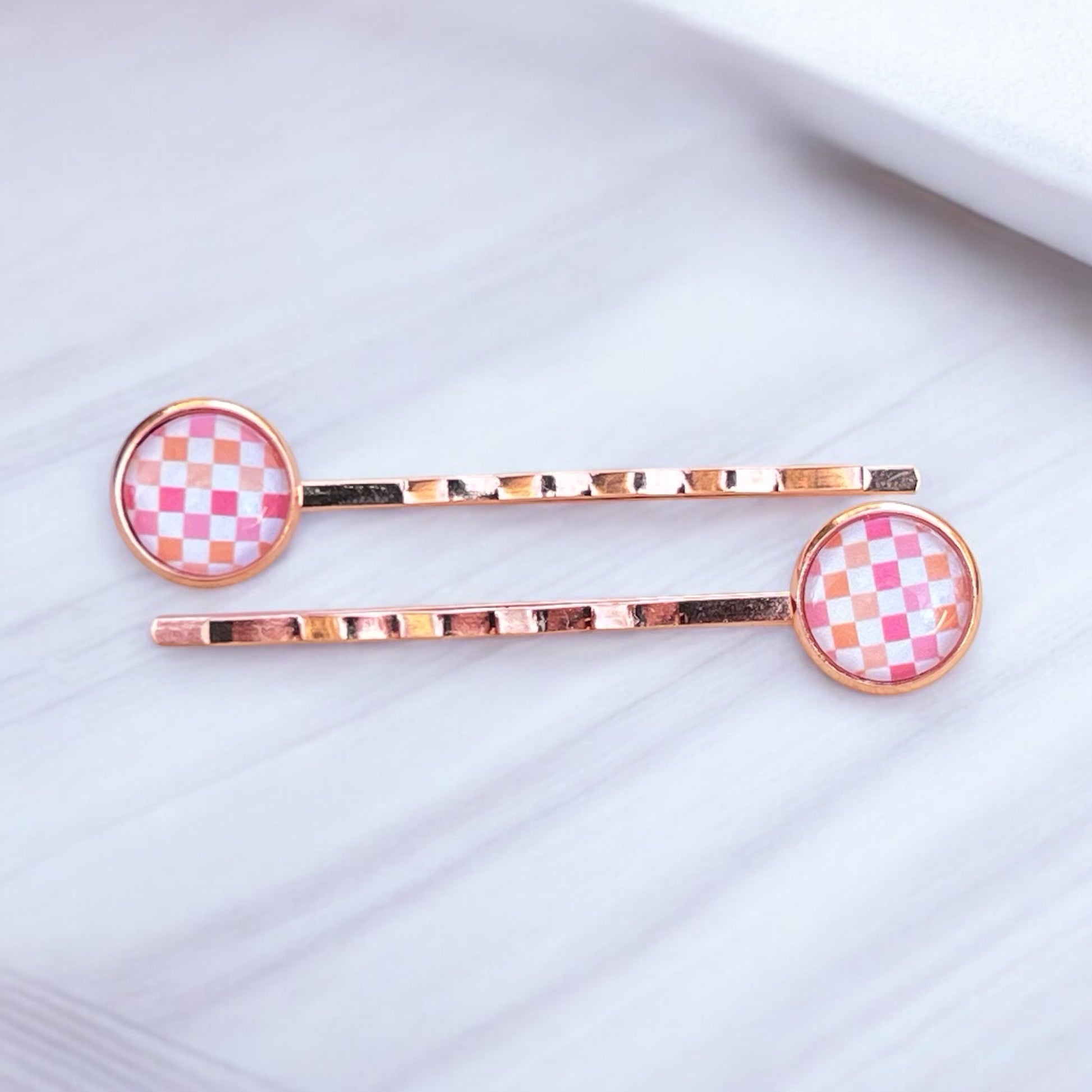 Pink & Orange Gingham Hair Pins – Set of 2 Rose Gold Accessories